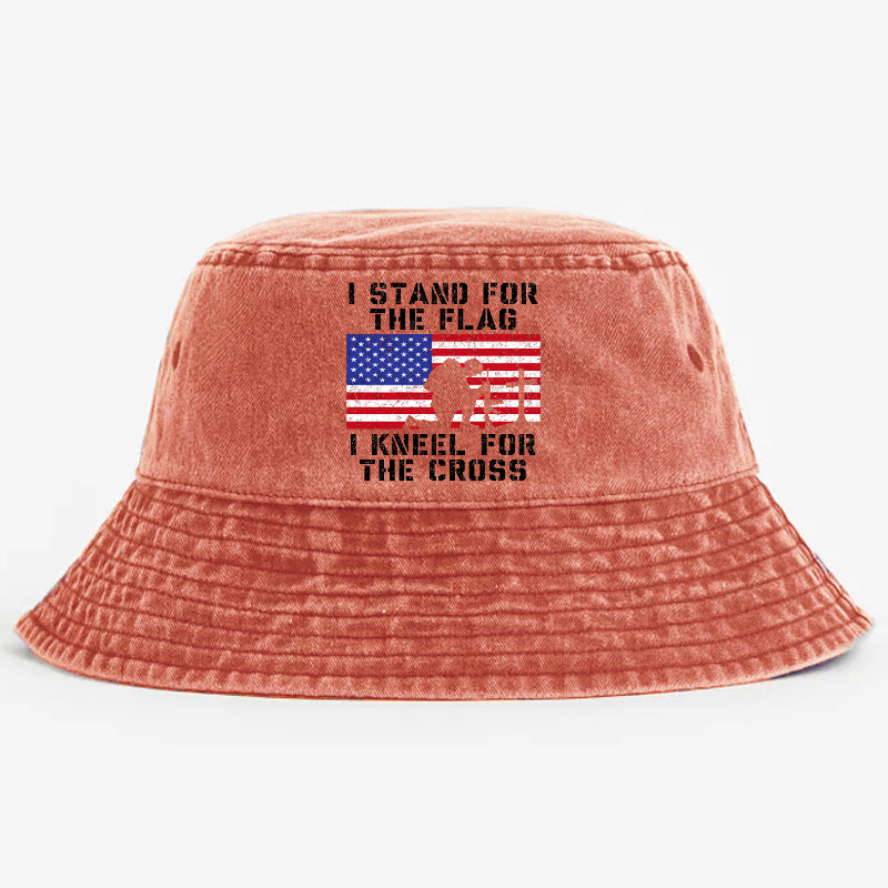 I Stand For The Flag I Kneel For The Cross USA Flag Print Bucket Hat