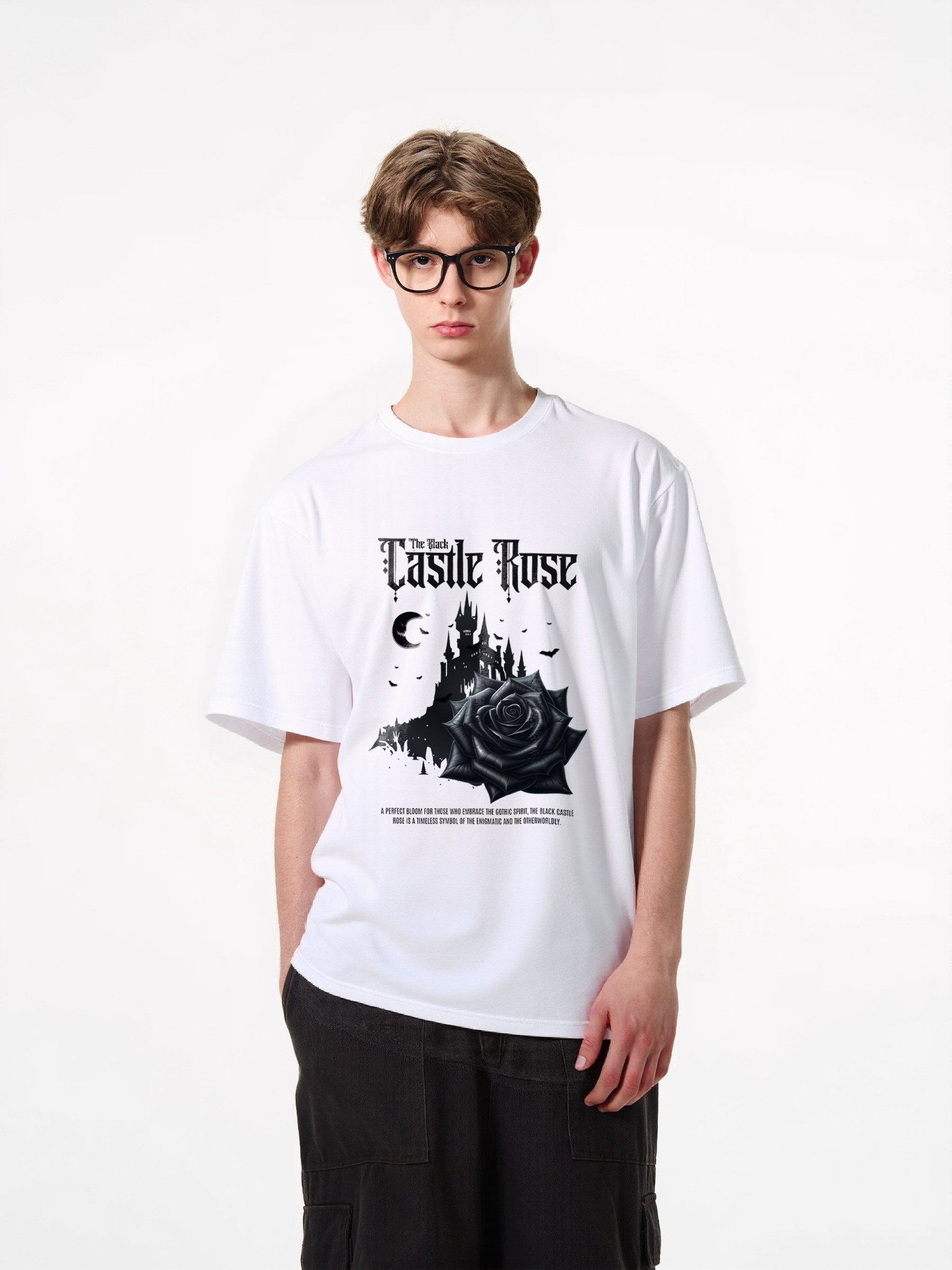 1pcs Trendy Black Rose Castle Print T Shirt, 180g Pure Cotton Various Colors, Gothic Nightmare Graphic Tee, Night Sky Moon and Stars Design Urban Casual Wear for the Trendy Man Heavenly' Casual T-Shirts Perfect for Hot Summer Days