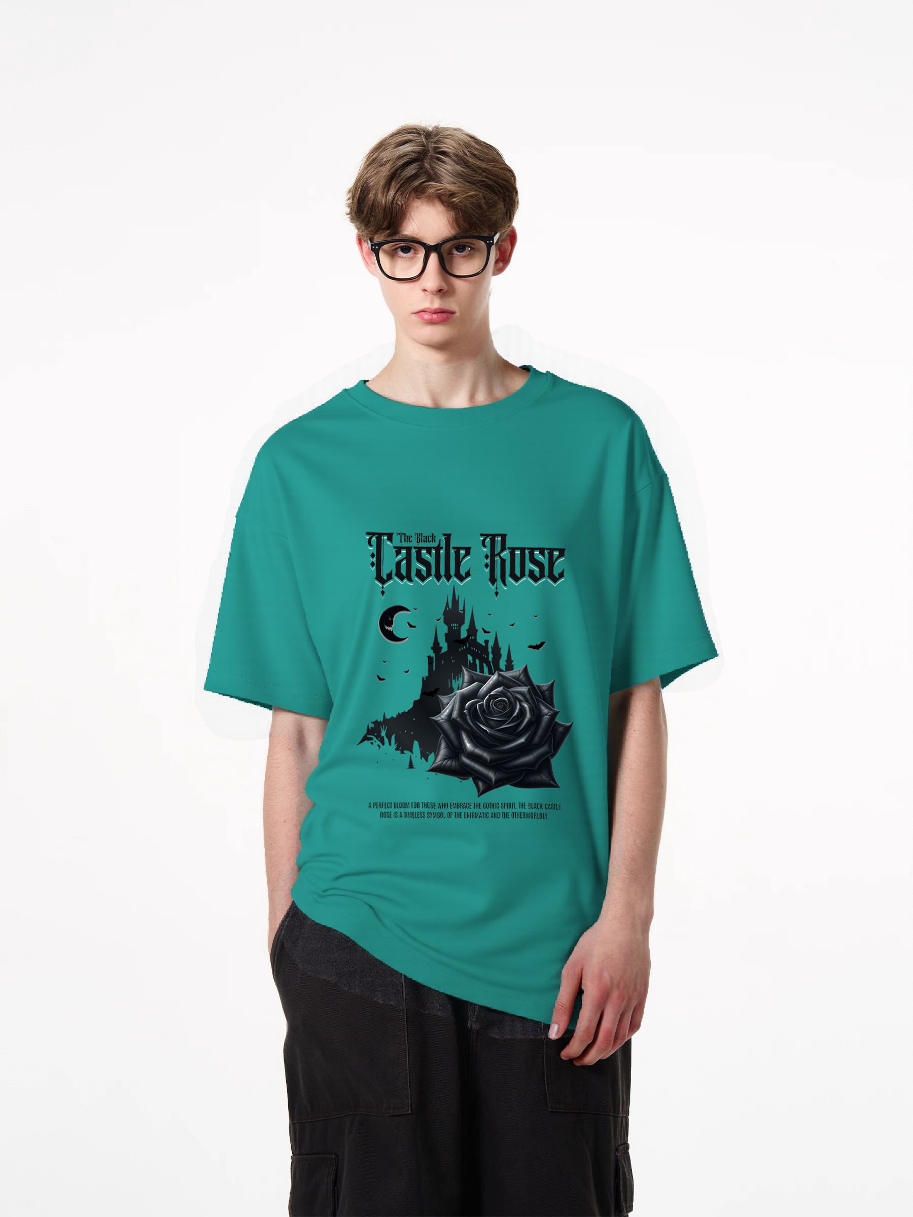 1pcs Trendy Black Rose Castle Print T Shirt, 180g Pure Cotton Various Colors, Gothic Nightmare Graphic Tee, Night Sky Moon and Stars Design Urban Casual Wear for the Trendy Man Heavenly' Casual T-Shirts Perfect for Hot Summer Days