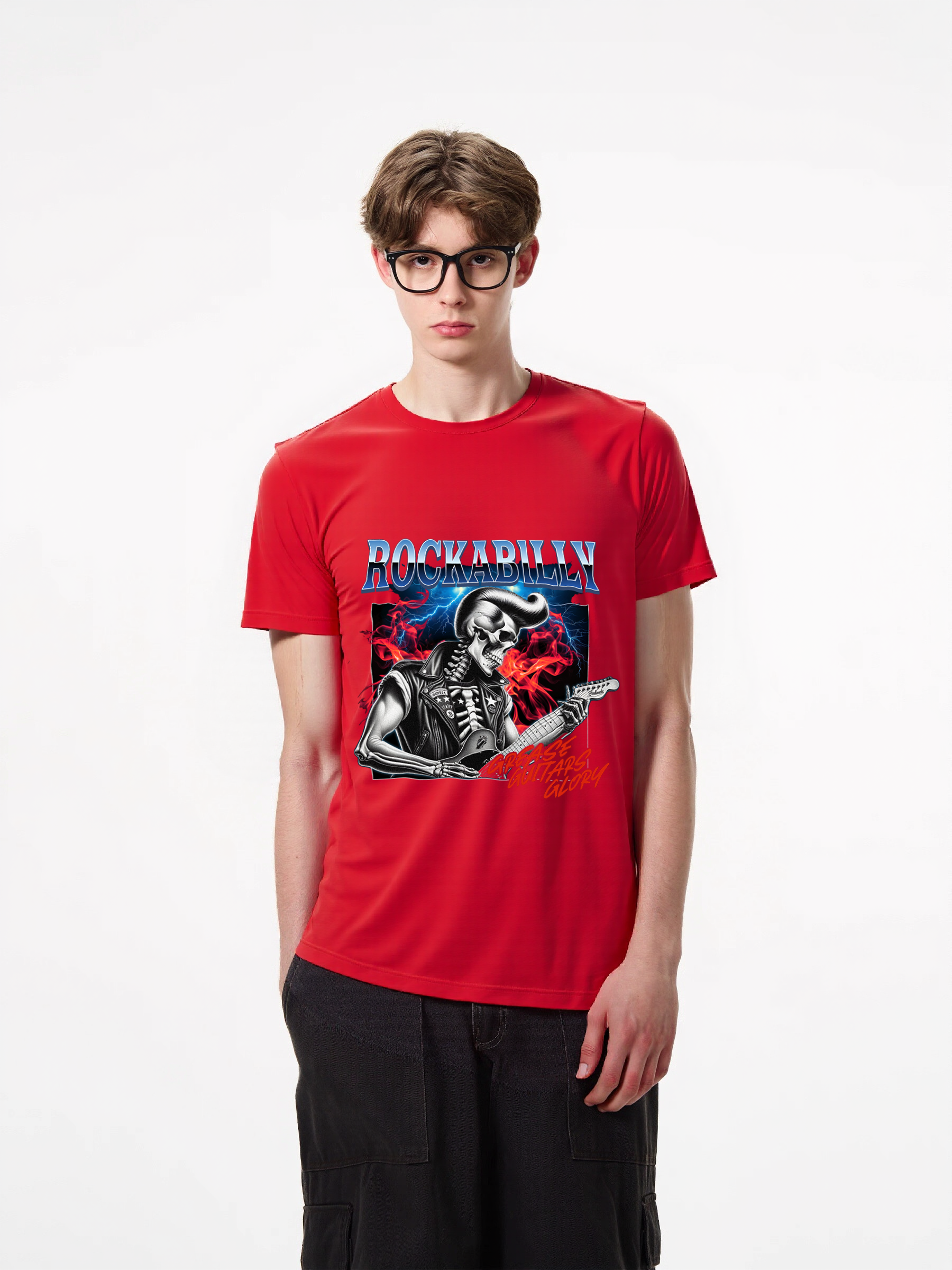 1pcs Rockabilly Skeleton Guitarist Print T Shirt Trendy Design Various Colors 180g Pure Cotton Graphic Top Fashion Statement Tee Heavenly' Designs: Essential T-Shirts for a Relaxed Summer Fresh Casual Summer Essentials