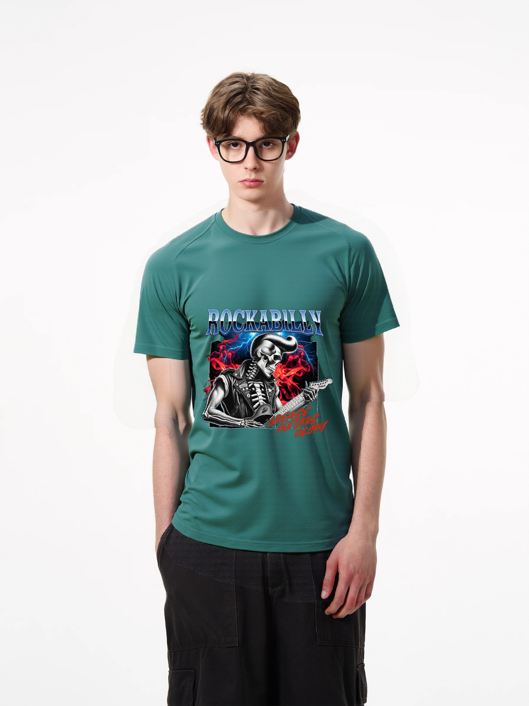 1pcs Rockabilly Skeleton Guitarist Print T Shirt Trendy Design Various Colors 180g Pure Cotton Graphic Top Fashion Statement Tee Heavenly' Designs: Essential T-Shirts for a Relaxed Summer Fresh Casual Summer Essentials