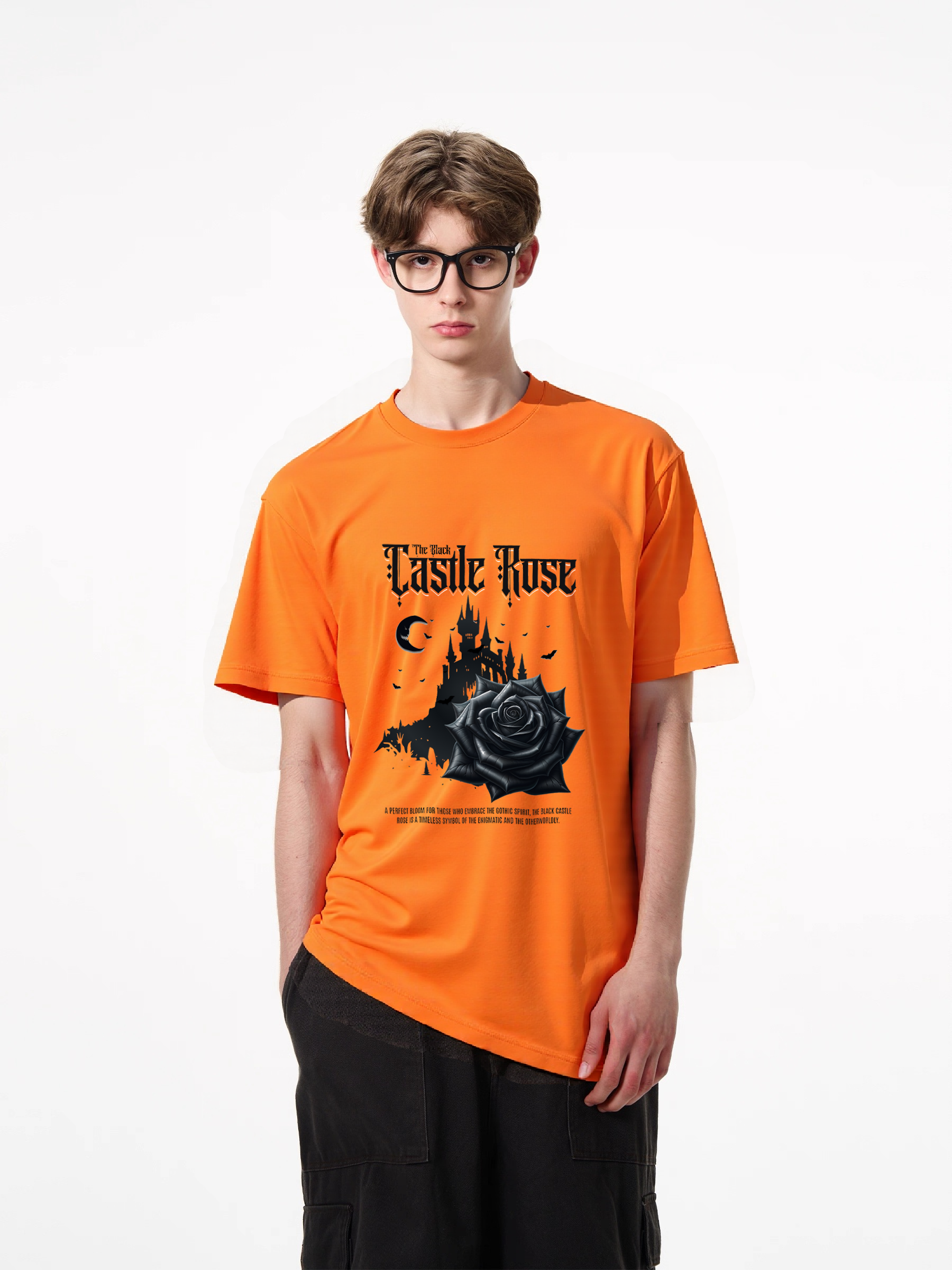 1pcs Trendy Black Rose Castle Print T Shirt, 180g Pure Cotton Various Colors, Gothic Nightmare Graphic Tee, Night Sky Moon and Stars Design Urban Casual Wear for the Trendy Man Heavenly' Casual T-Shirts Perfect for Hot Summer Days