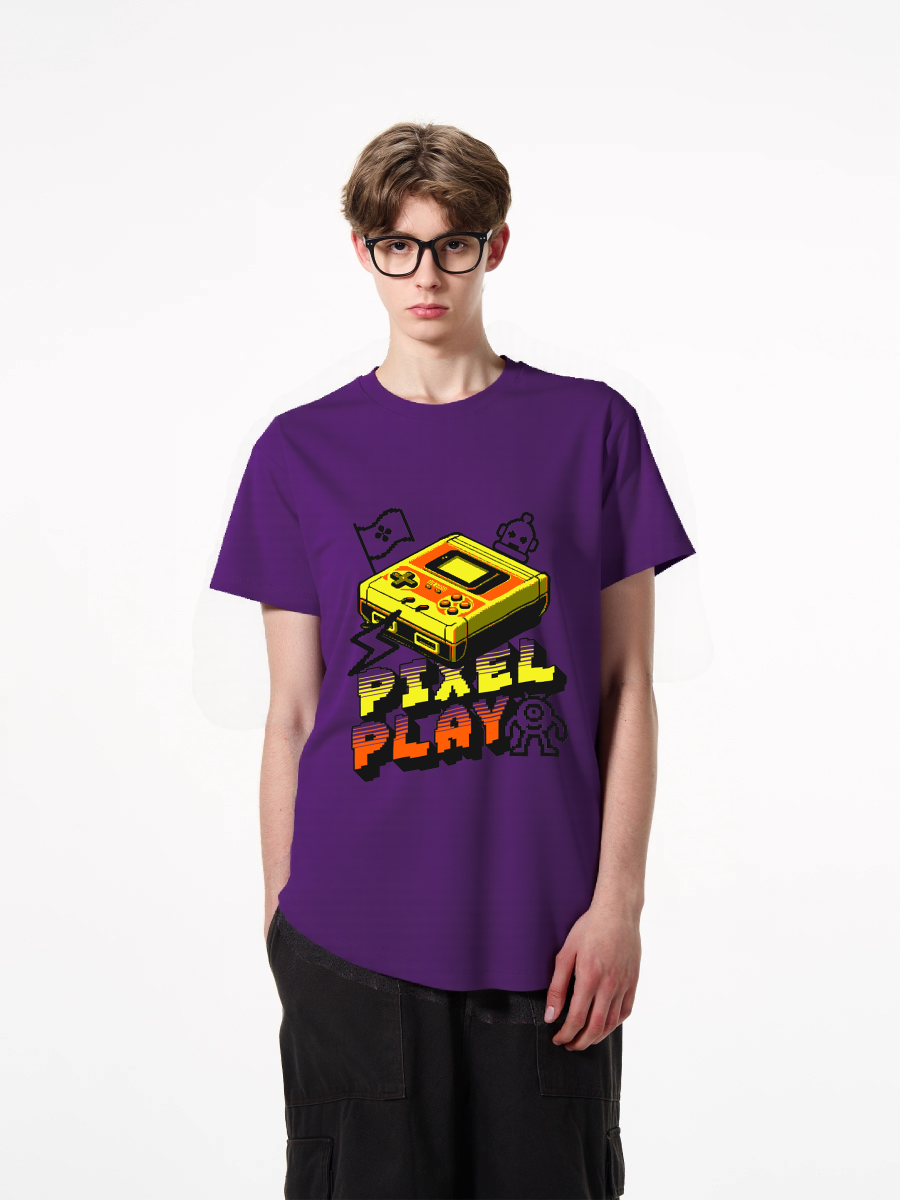 1pcs Retro Gamer T Shirt with Pixel Play print in various colors, trendy design featuring classic handheld game console, 180g pure cotton, comfortable and stylish for all occasions. Comfortable Casual Summer Tees Easy Care