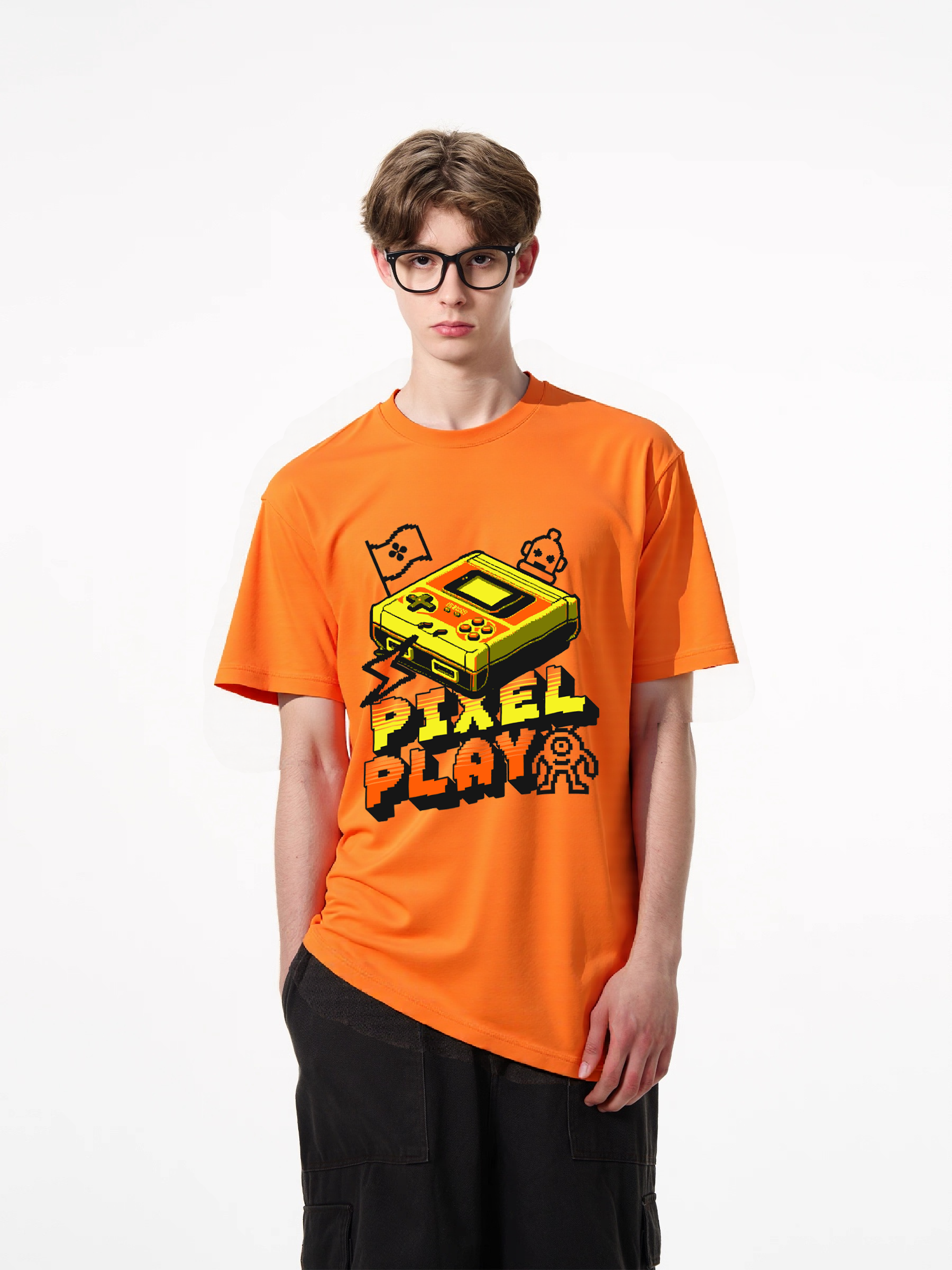 1pcs Retro Gamer T Shirt with Pixel Play print in various colors, trendy design featuring classic handheld game console, 180g pure cotton, comfortable and stylish for all occasions. Comfortable Casual Summer Tees Easy Care