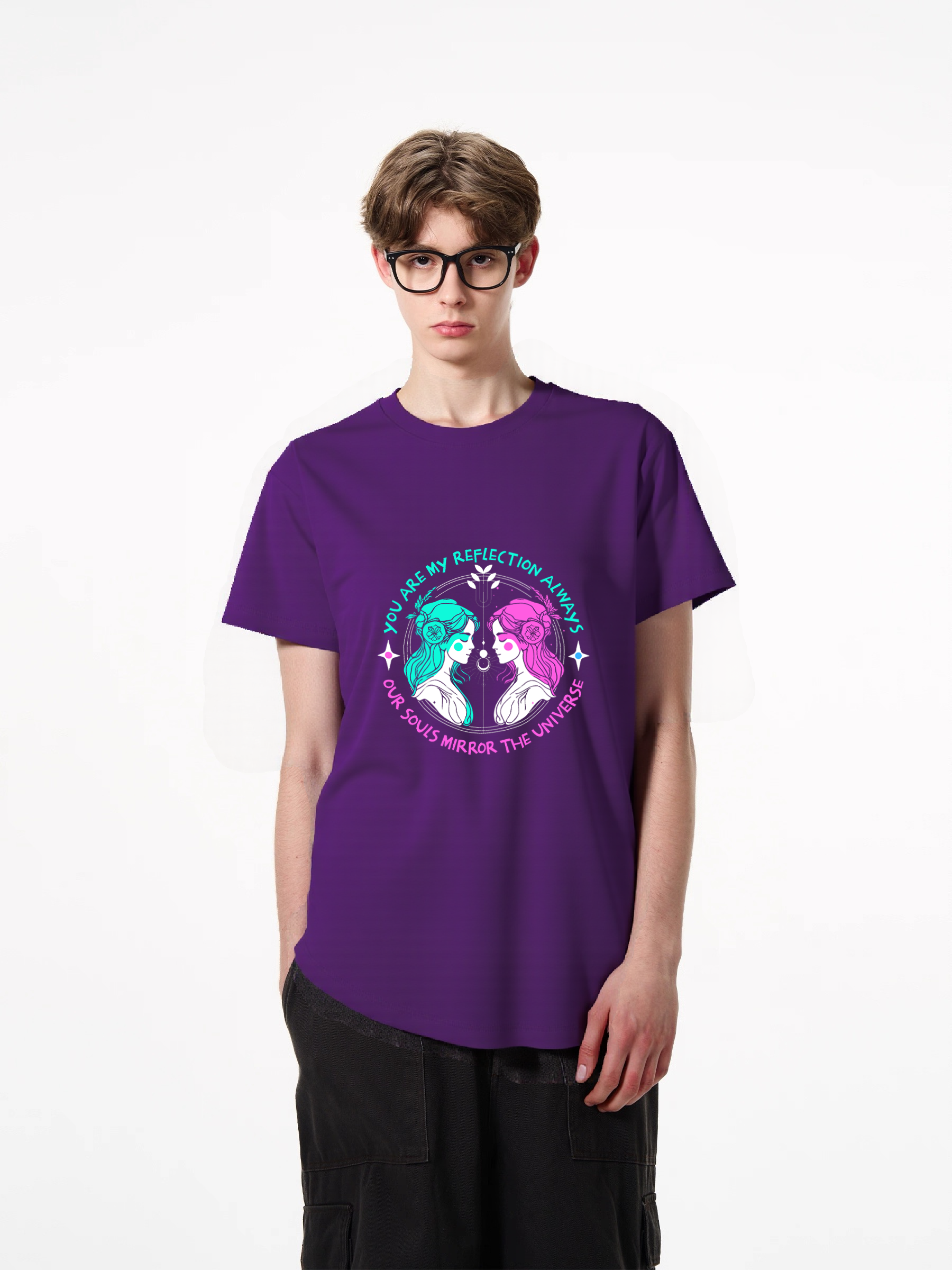 1pcs Trendy T Shirt with Mirror Universe Print, Various Colors Available, 180g Pure Cotton, Unique Star Design, Reflective Art Graphic, Comfortable, Casual, Stylish, Perfect for Everyday Wear, Eye-Catching Modern Fit Timeless Designs