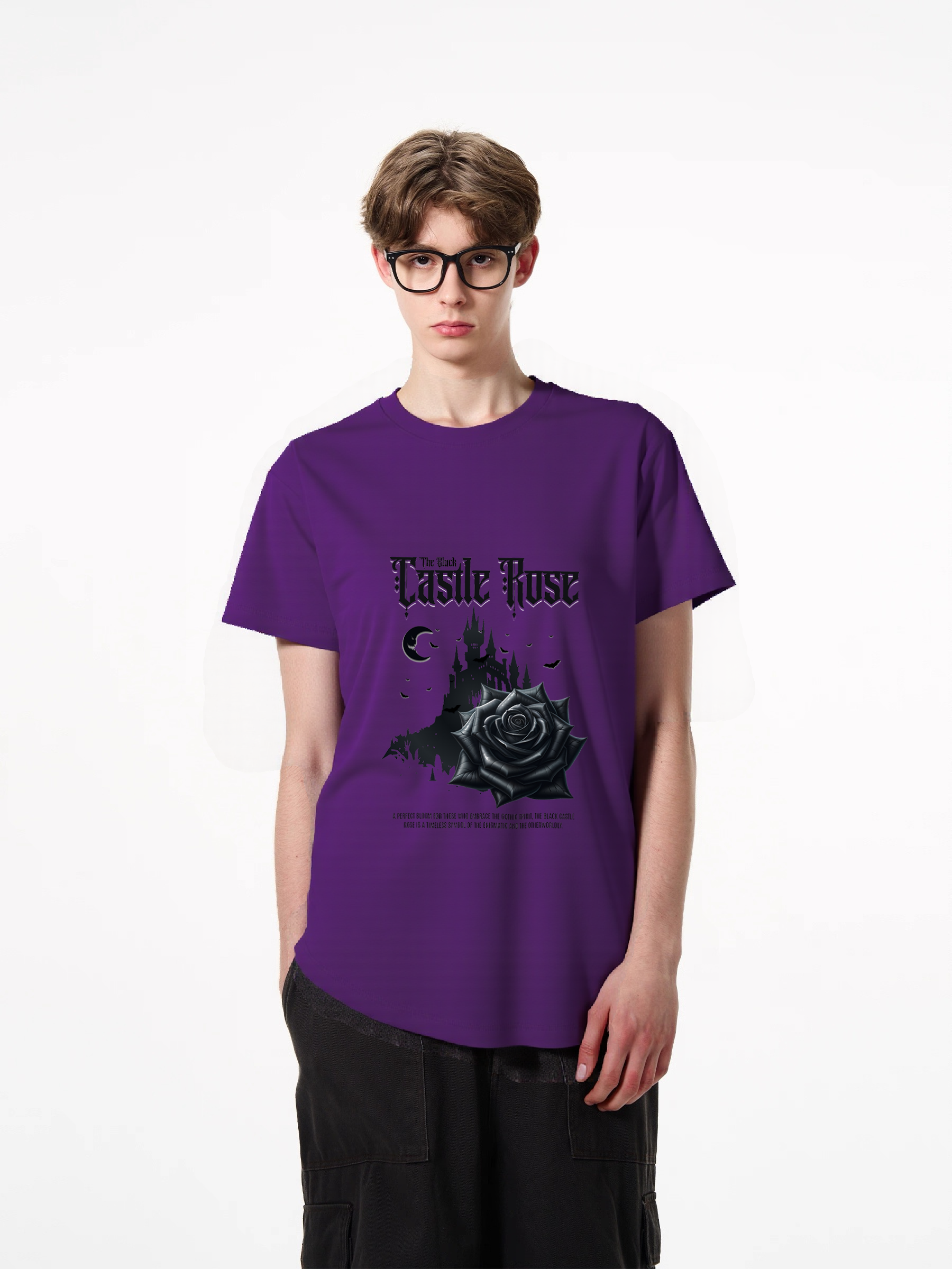 1pcs Trendy Black Rose Castle Print T Shirt, 180g Pure Cotton Various Colors, Gothic Nightmare Graphic Tee, Night Sky Moon and Stars Design Urban Casual Wear for the Trendy Man Heavenly' Casual T-Shirts Perfect for Hot Summer Days