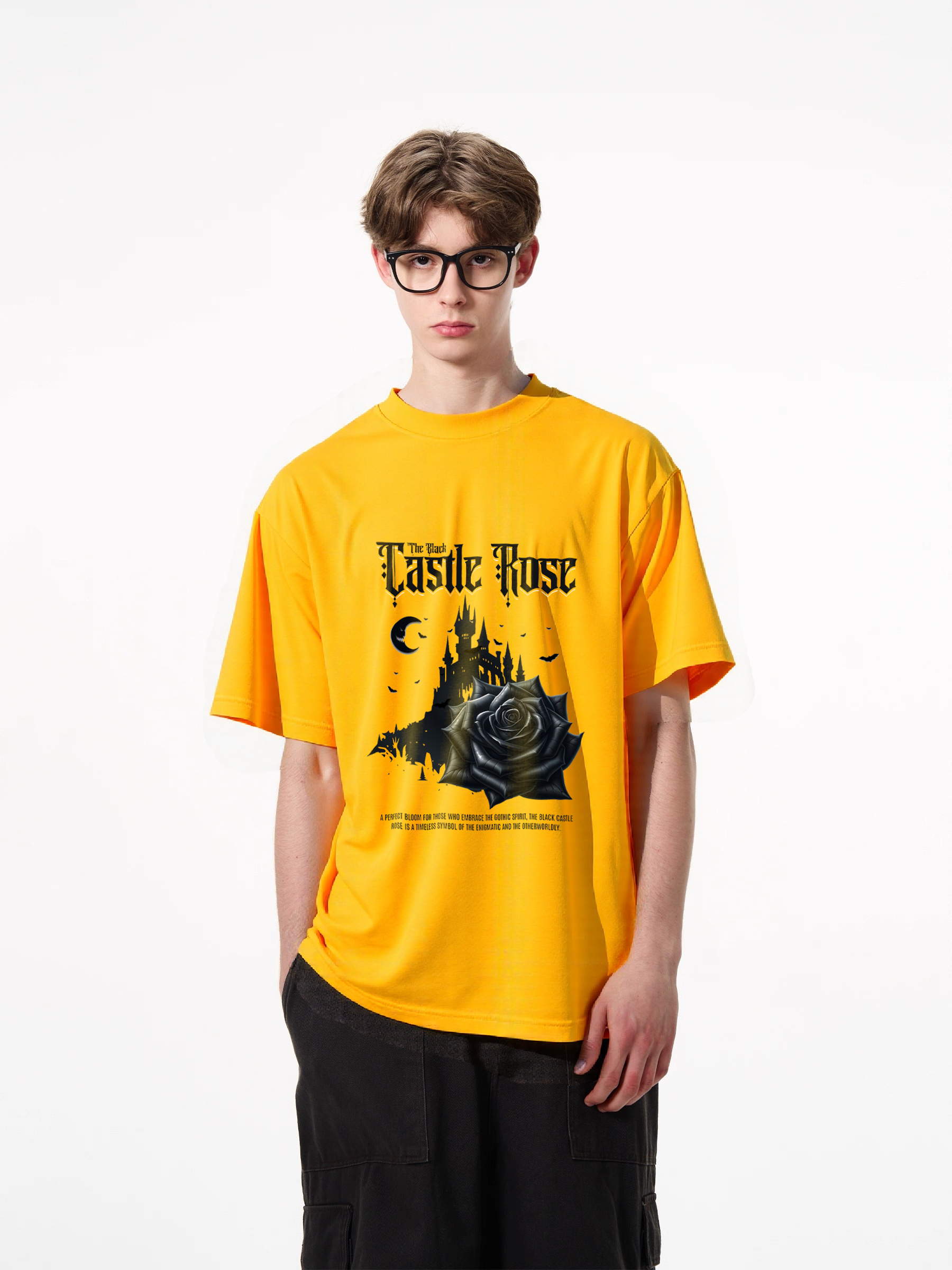 1pcs Trendy Black Rose Castle Print T Shirt, 180g Pure Cotton Various Colors, Gothic Nightmare Graphic Tee, Night Sky Moon and Stars Design Urban Casual Wear for the Trendy Man Heavenly' Casual T-Shirts Perfect for Hot Summer Days