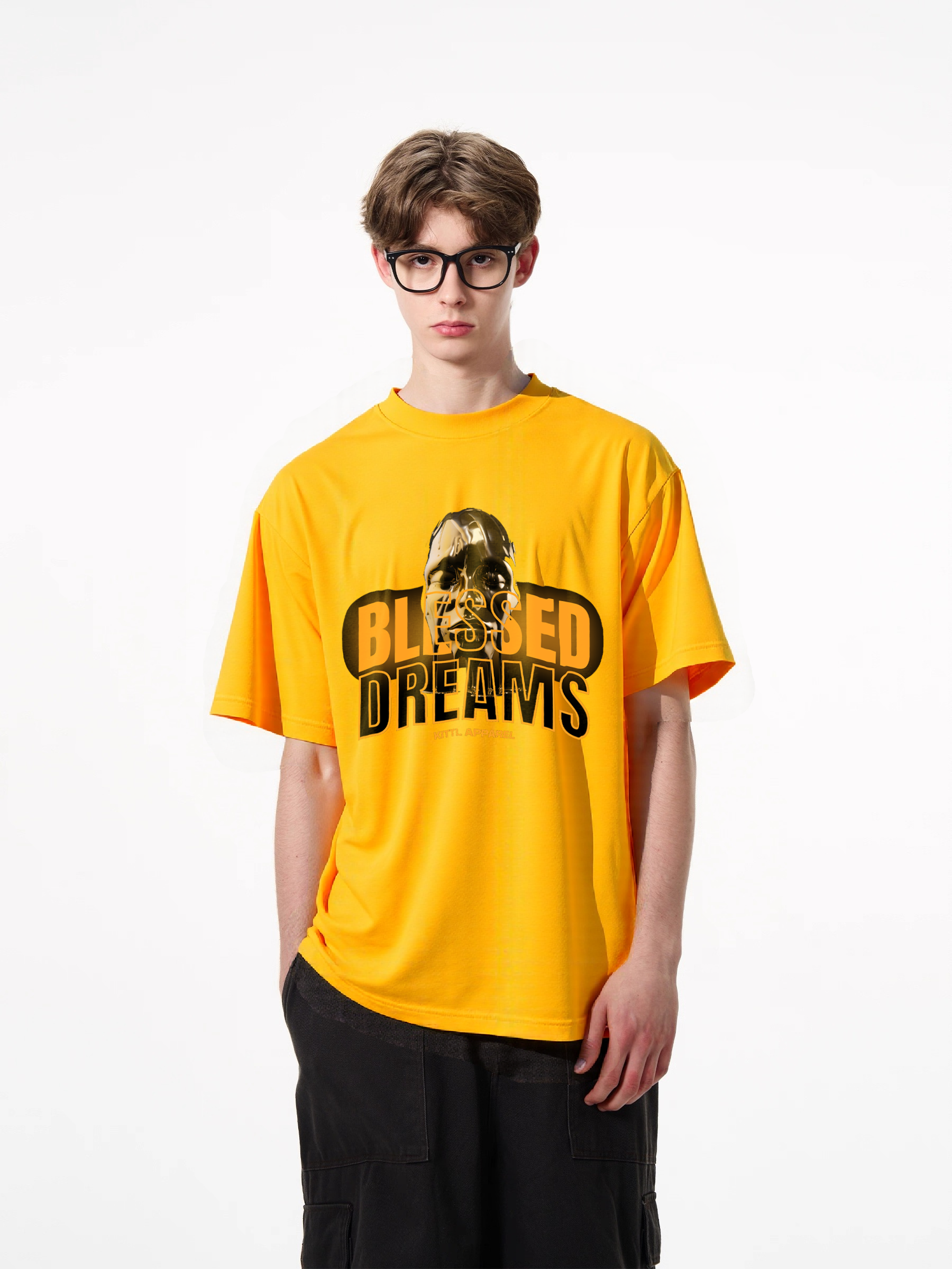 1pcs Trendy T Shirt with "Blessed Dreams" print, featuring metallic face graphic, various colors available, made from 180g pure cotton material, perfect for those seeking a unique and stylish look. Casual Short Sleeve T-Shirts in Soft