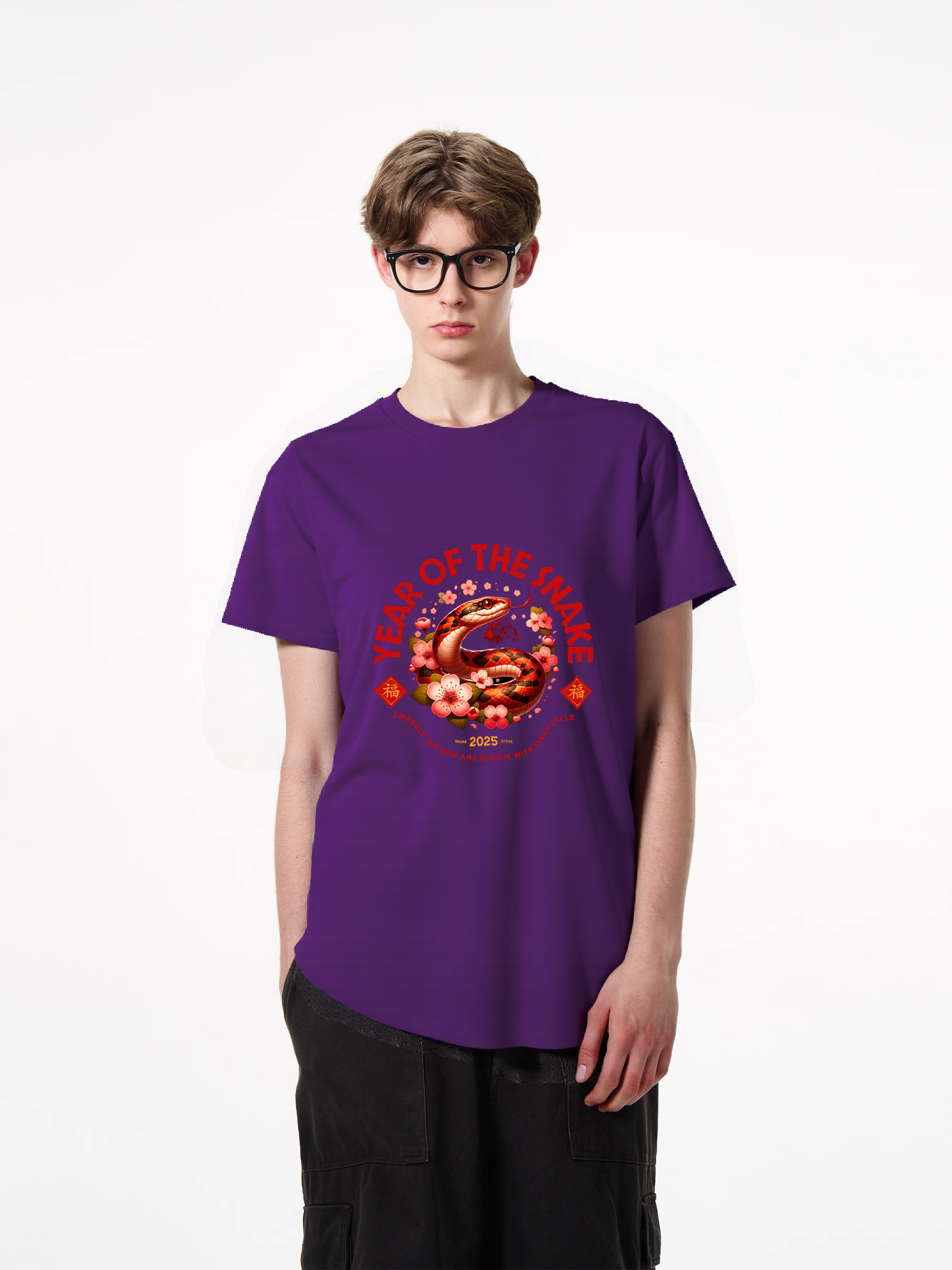 1pcs Year of the Snake T Shirt print with vibrant design in various colors, trendy 180g pure cotton tee features a bold snake artwork, cherry blossoms, and Chinese symbols for a unique statement piece. Go-To Casual Tees for Everyday