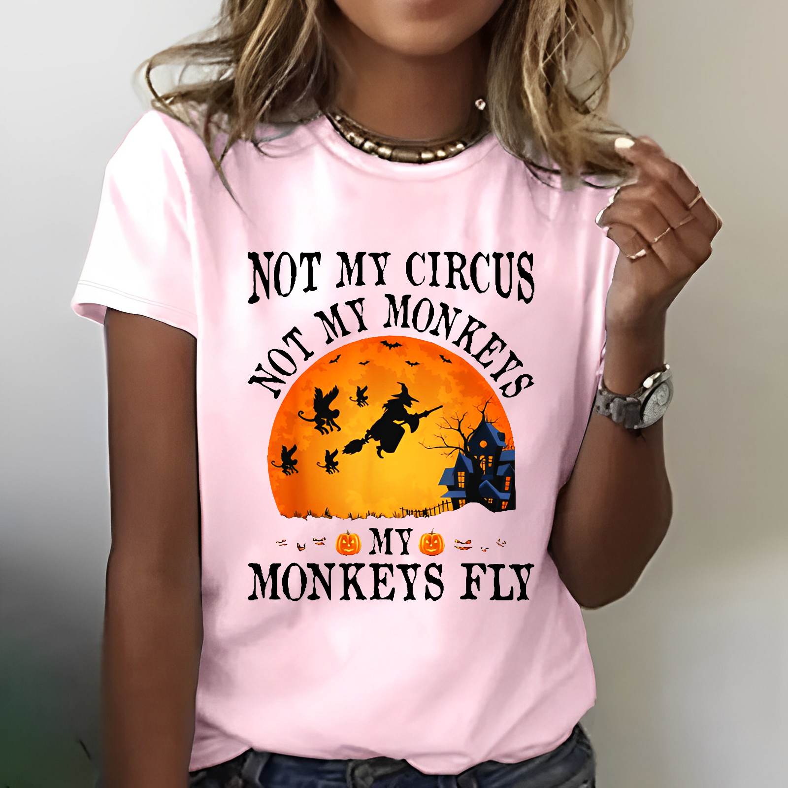 Women's Not My Circus Not My Monkeys Halloween Party Casual Crew Neck T-shirt