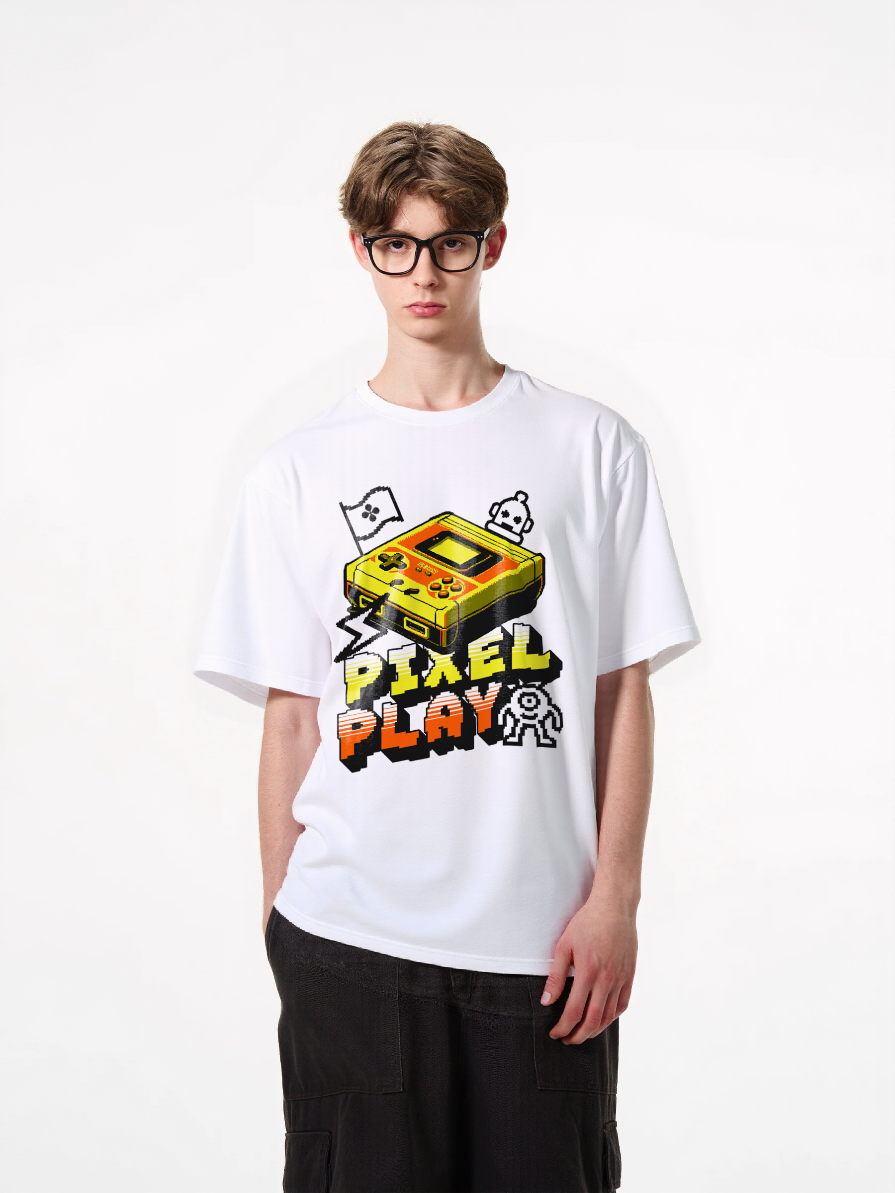 1pcs Retro Gamer T Shirt with Pixel Play print in various colors, trendy design featuring classic handheld game console, 180g pure cotton, comfortable and stylish for all occasions. Comfortable Casual Summer Tees Easy Care