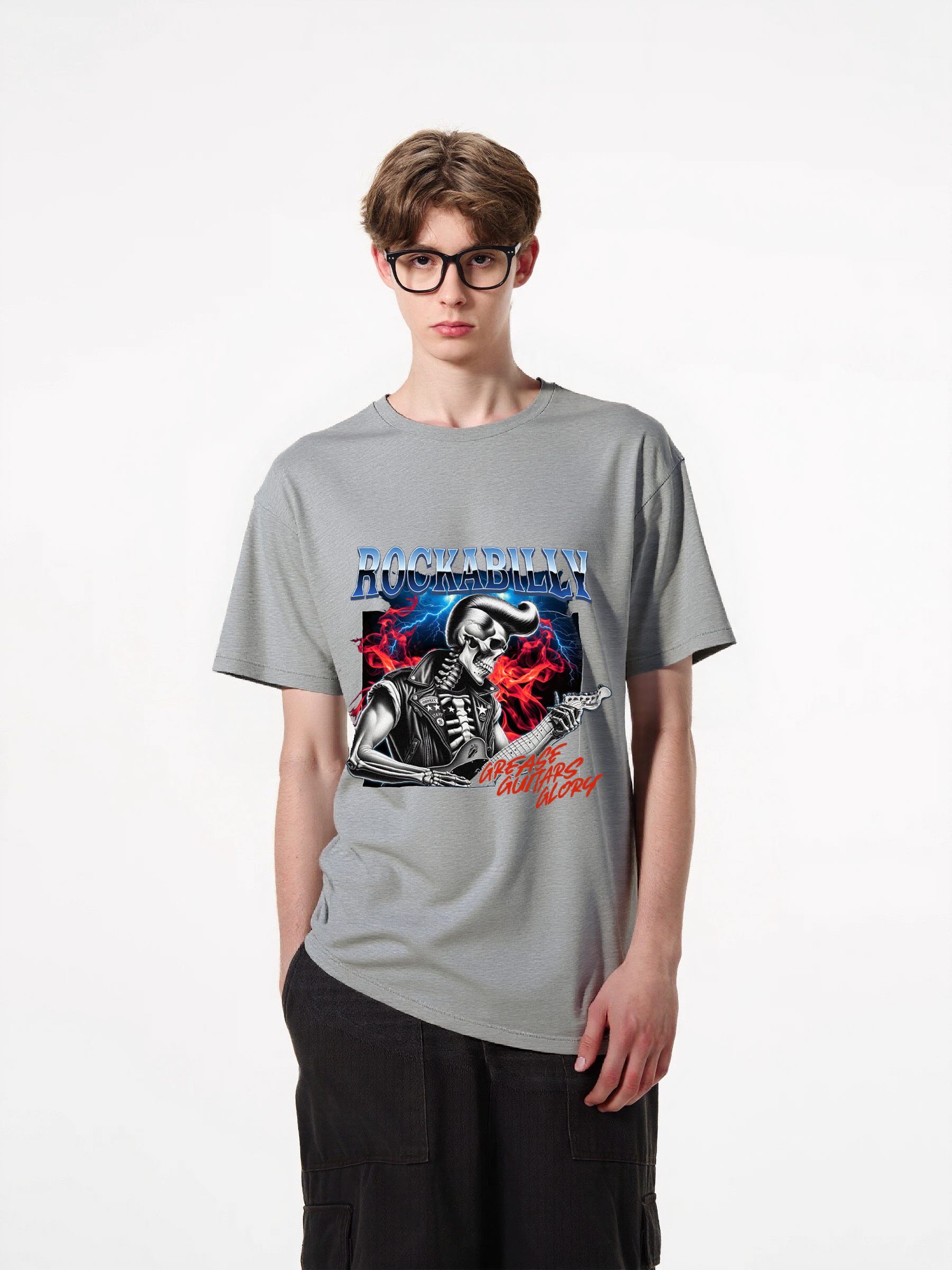 1pcs Rockabilly Skeleton Guitarist Print T Shirt Trendy Design Various Colors 180g Pure Cotton Graphic Top Fashion Statement Tee Heavenly' Designs: Essential T-Shirts for a Relaxed Summer Fresh Casual Summer Essentials