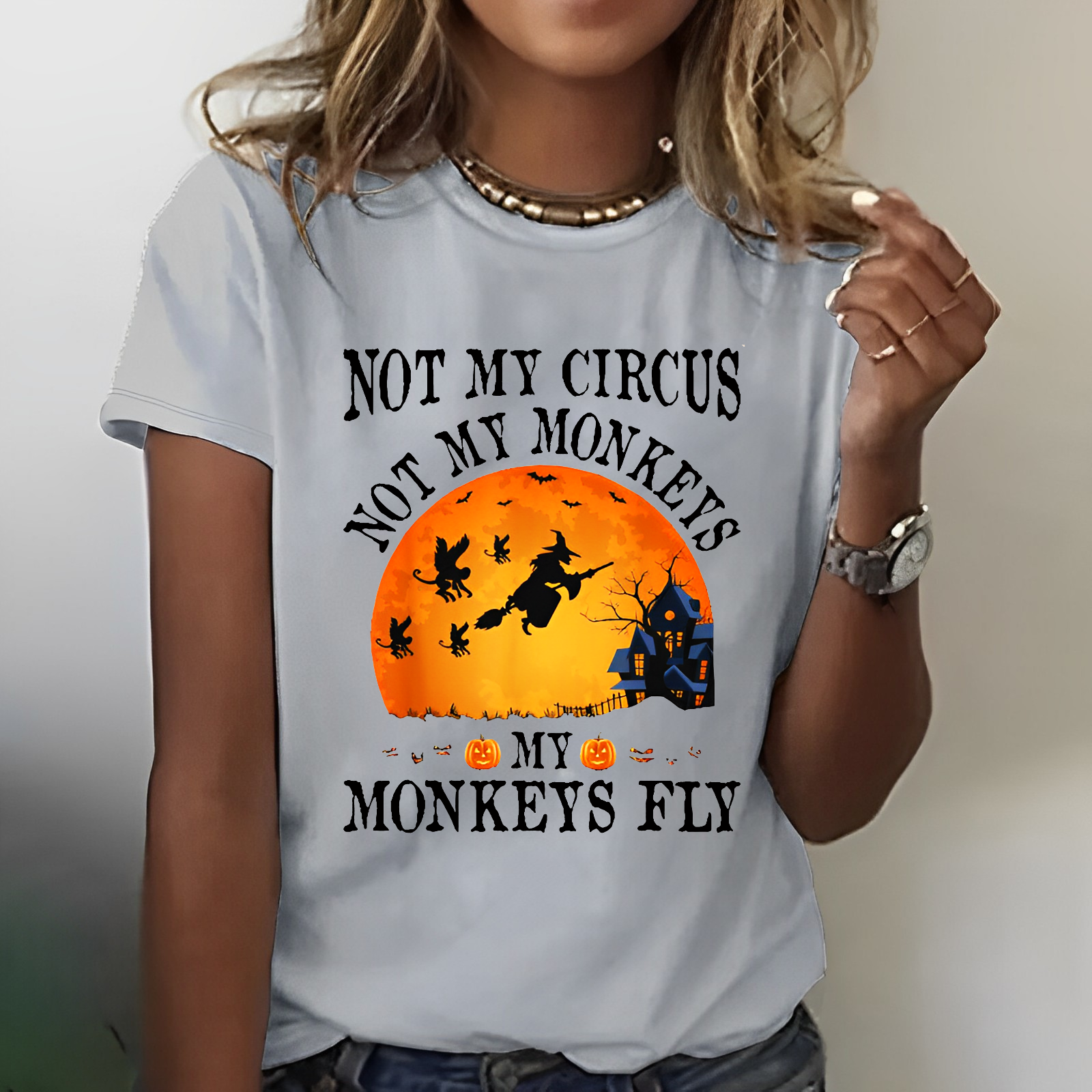 Women's Not My Circus Not My Monkeys Halloween Party Casual Crew Neck T-shirt