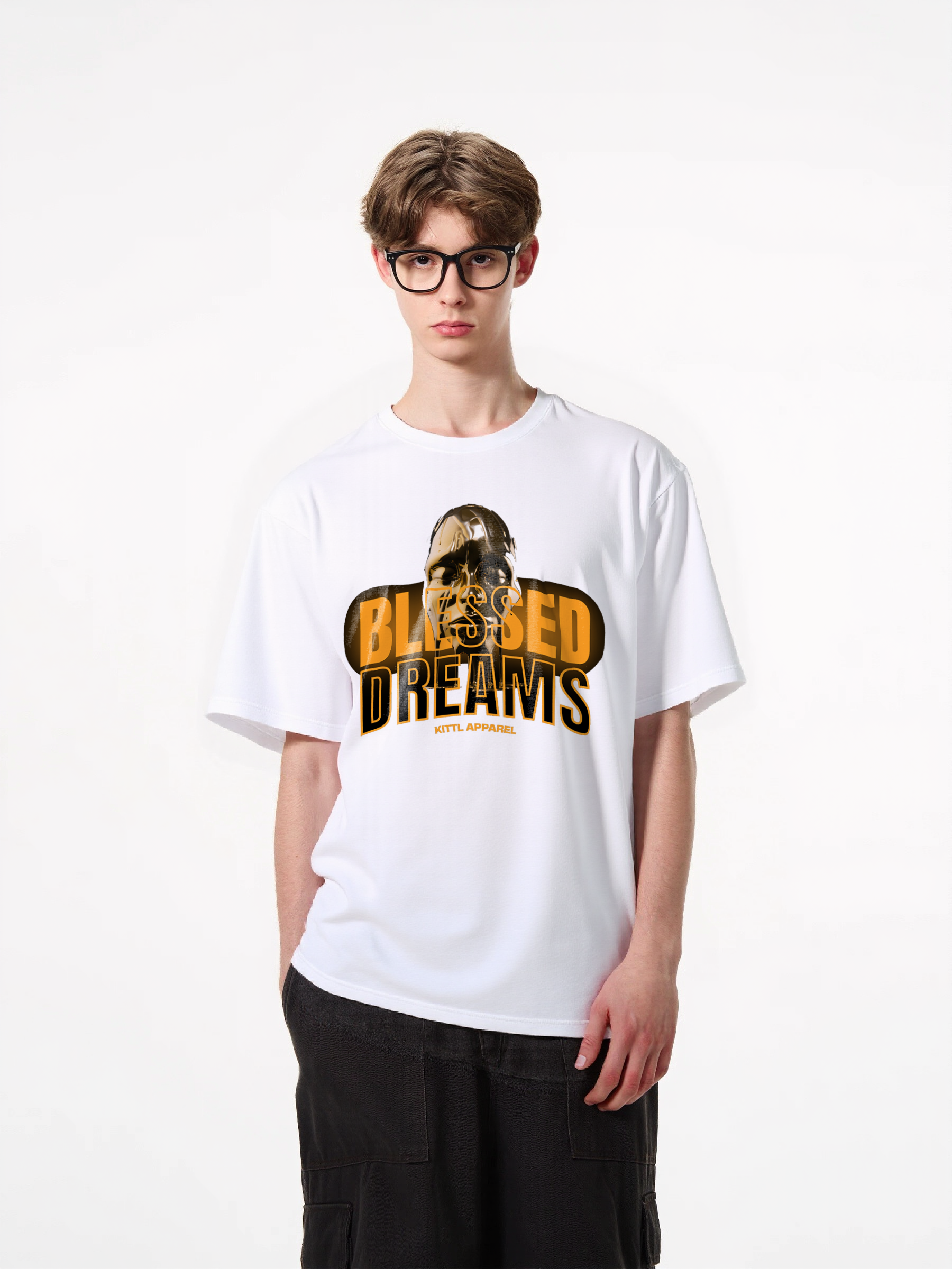 1pcs Trendy T Shirt with "Blessed Dreams" print, featuring metallic face graphic, various colors available, made from 180g pure cotton material, perfect for those seeking a unique and stylish look. Casual Short Sleeve T-Shirts in Soft