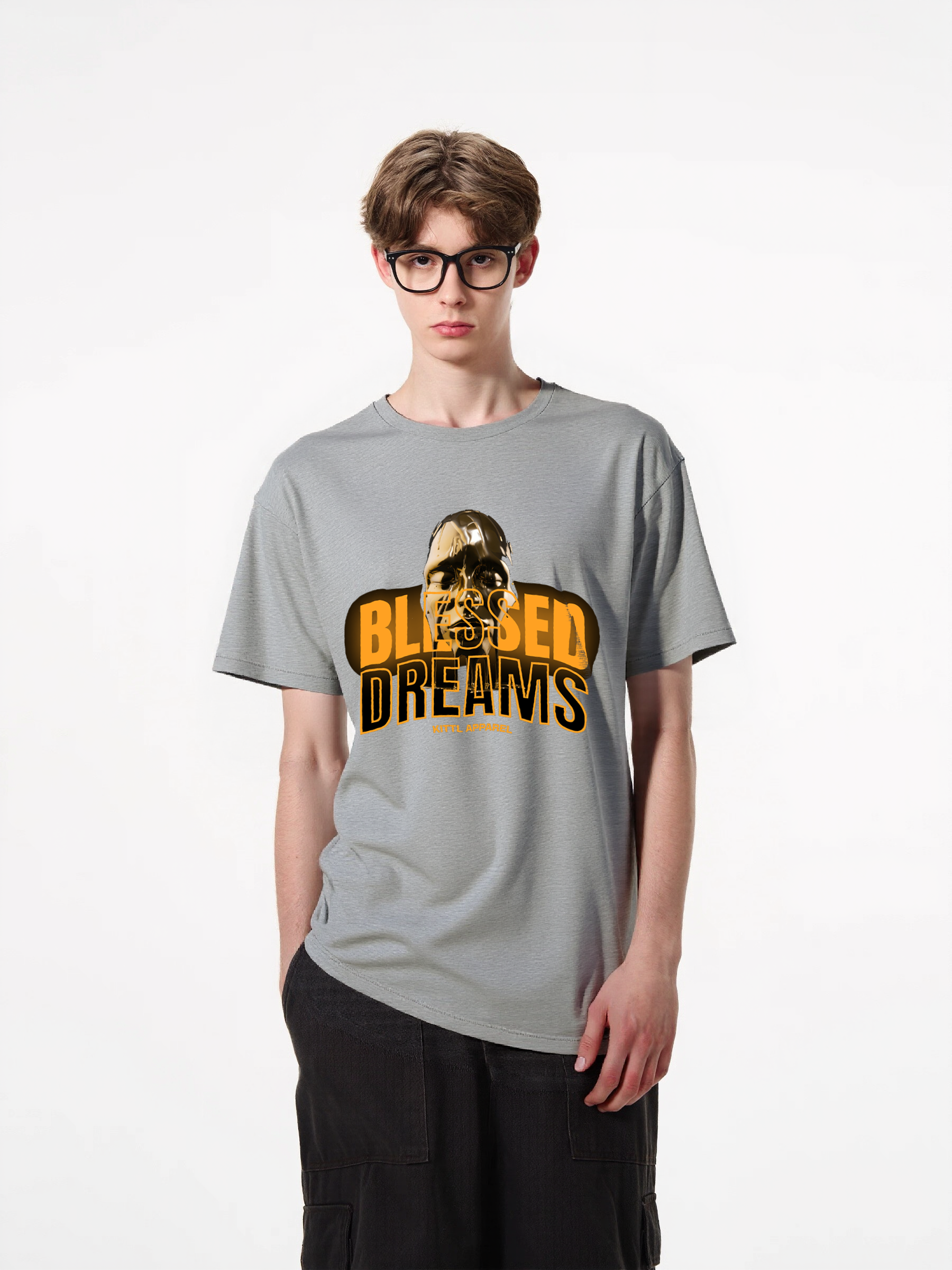 1pcs Trendy T Shirt with "Blessed Dreams" print, featuring metallic face graphic, various colors available, made from 180g pure cotton material, perfect for those seeking a unique and stylish look. Casual Short Sleeve T-Shirts in Soft