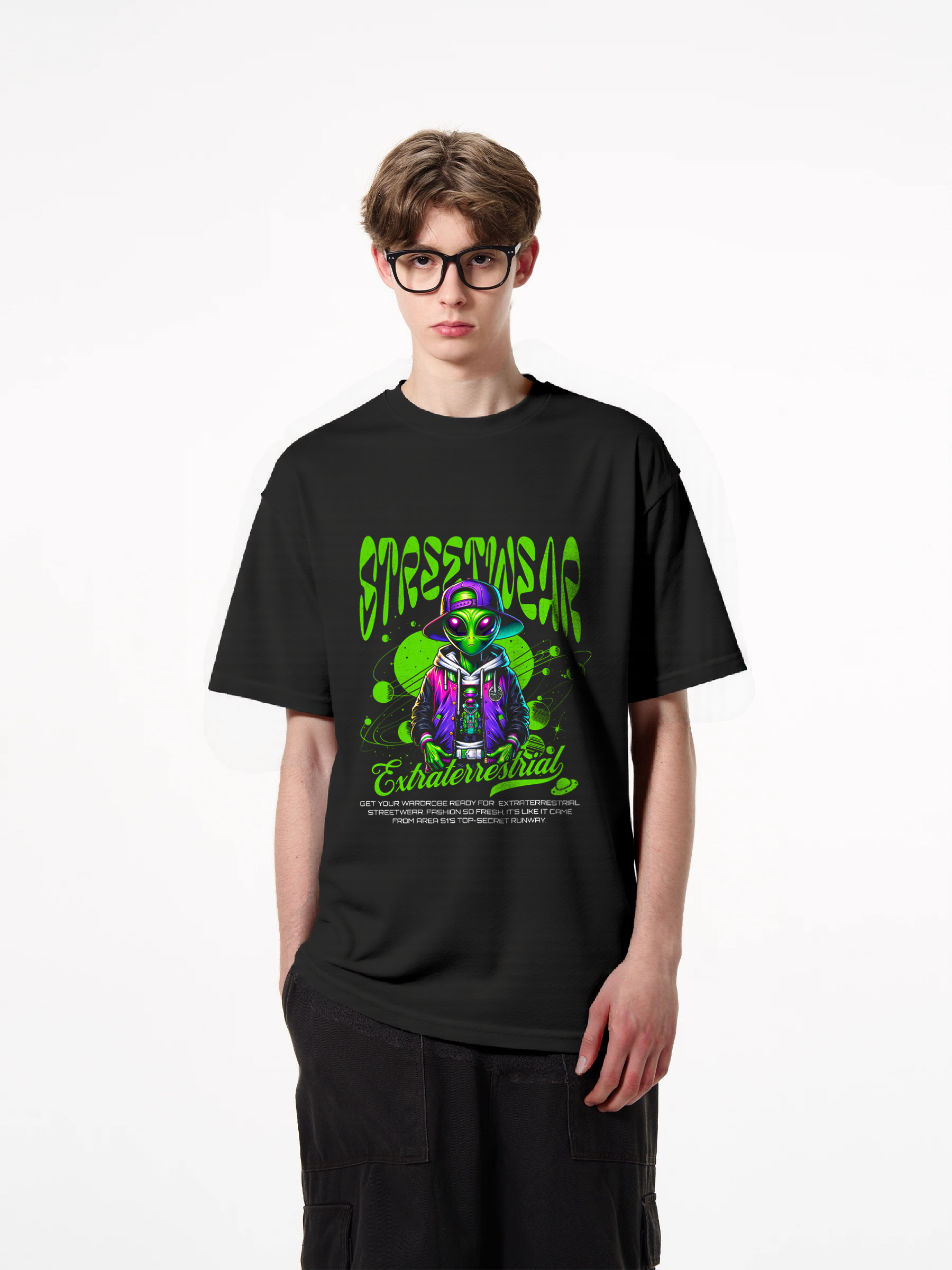 1pcs Stylish Alien T Shirt with "StressTreasonable" print, trendy design in various colors, featuring an extraterrestrial character, 180g pure cotton, perfect for streetwear enthusiasts. Fresh Casual Styles for Every Season Fashion