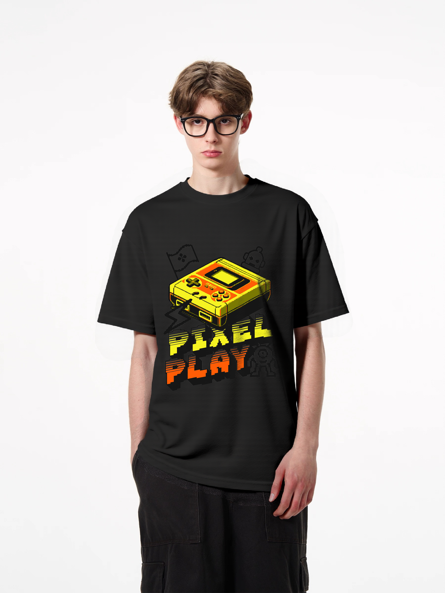 1pcs Retro Gamer T Shirt with Pixel Play print in various colors, trendy design featuring classic handheld game console, 180g pure cotton, comfortable and stylish for all occasions. Comfortable Casual Summer Tees Easy Care