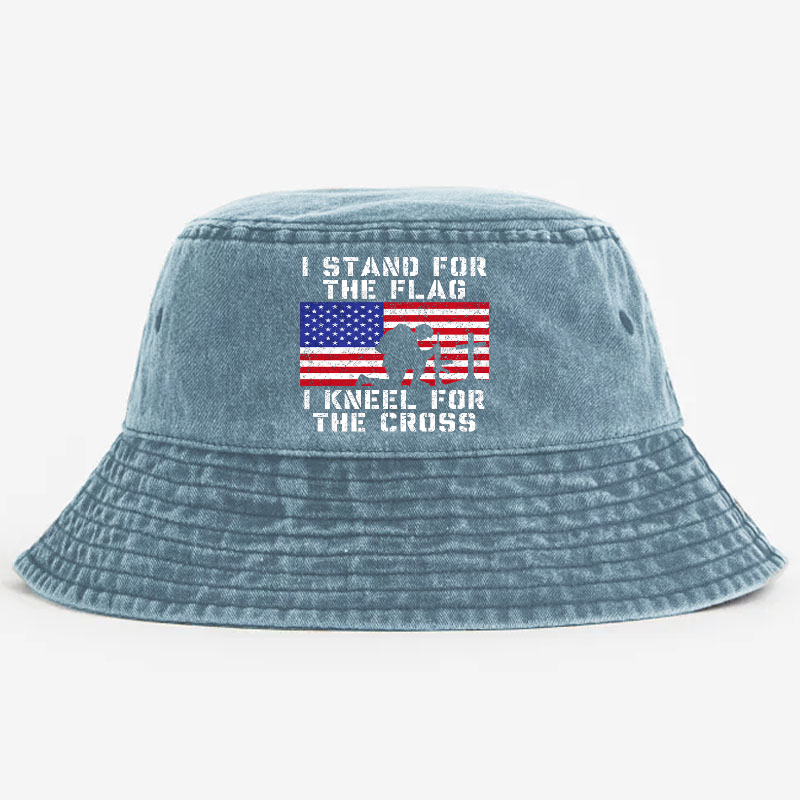 I Stand For The Flag I Kneel For The Cross USA Flag Print Bucket Hat