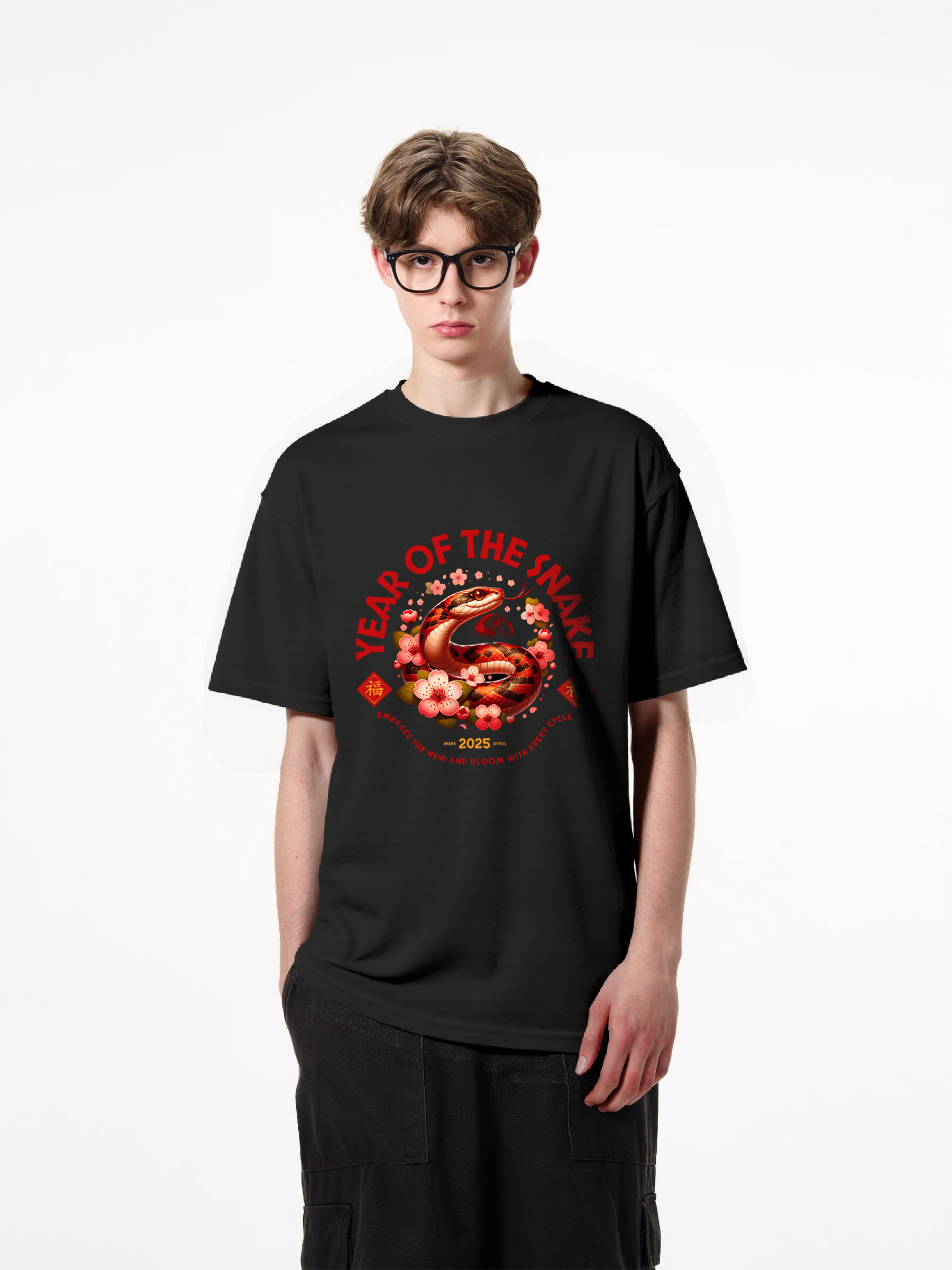 1pcs Year of the Snake T Shirt print with vibrant design in various colors, trendy 180g pure cotton tee features a bold snake artwork, cherry blossoms, and Chinese symbols for a unique statement piece. Go-To Casual Tees for Everyday