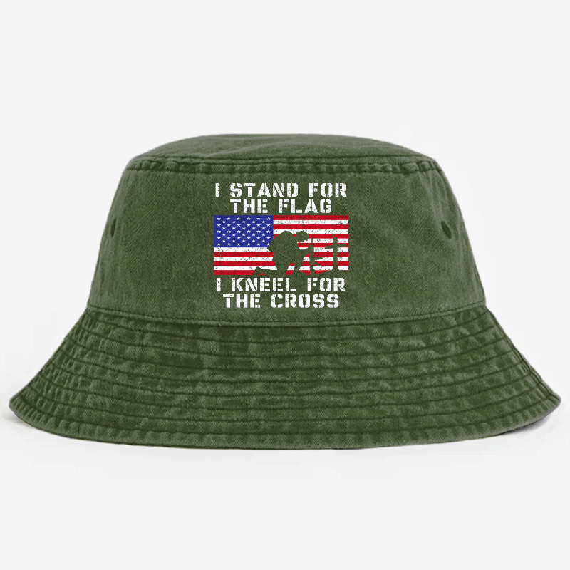 I Stand For The Flag I Kneel For The Cross USA Flag Print Bucket Hat