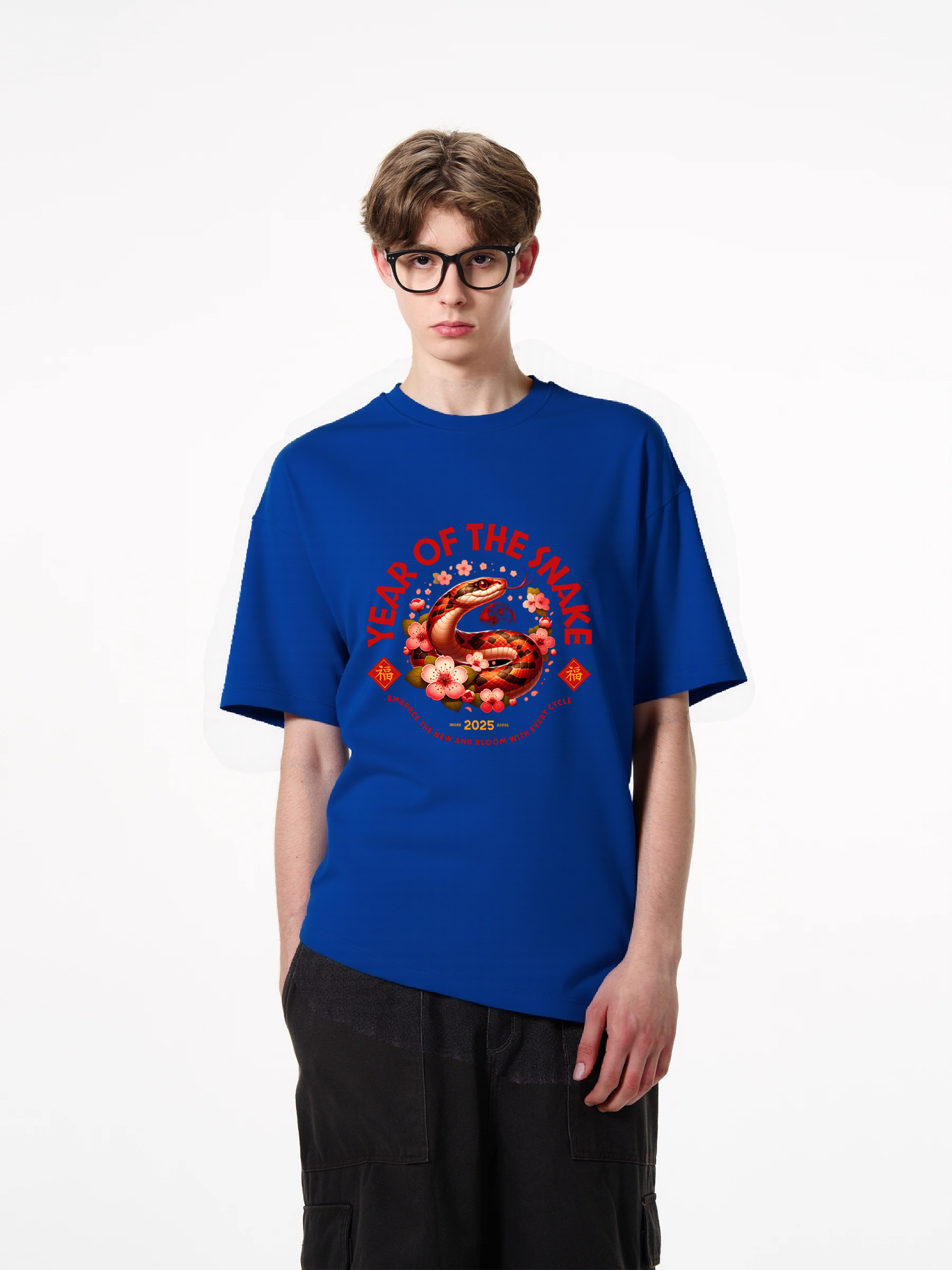 1pcs Year of the Snake T Shirt print with vibrant design in various colors, trendy 180g pure cotton tee features a bold snake artwork, cherry blossoms, and Chinese symbols for a unique statement piece. Go-To Casual Tees for Everyday