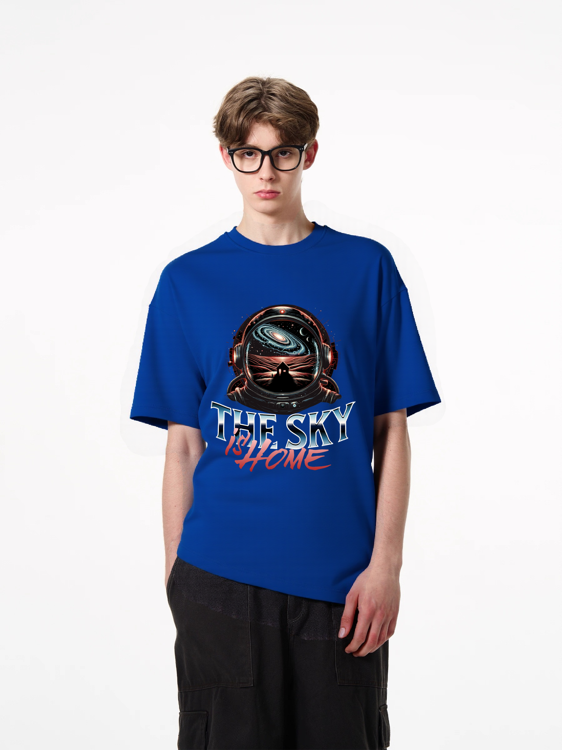 1pcs Trendy T Shirt with "The Sky is Home" print, featuring galactic space scene, astronaut helmet view, iconic house silhouette, available in various colors, crafted from 180g pure cotton. Lightweight Casual Tees in Beige, Black, and
