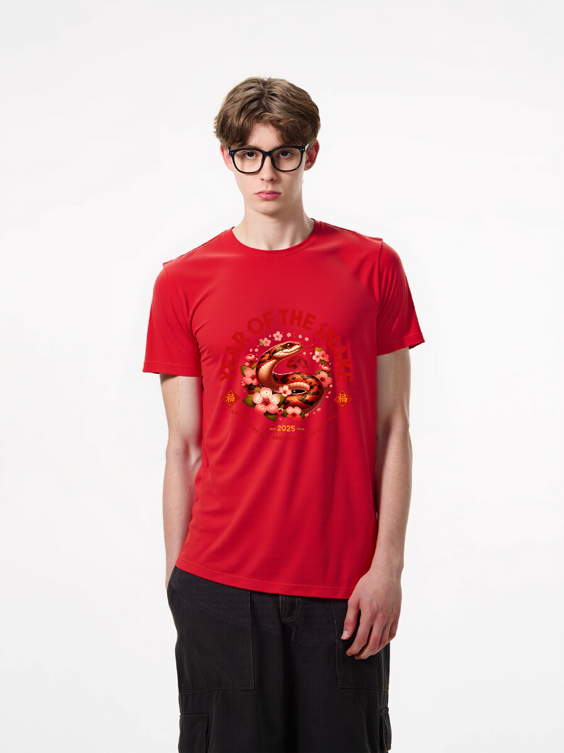 1pcs Year of the Snake T Shirt print with vibrant design in various colors, trendy 180g pure cotton tee features a bold snake artwork, cherry blossoms, and Chinese symbols for a unique statement piece. Go-To Casual Tees for Everyday