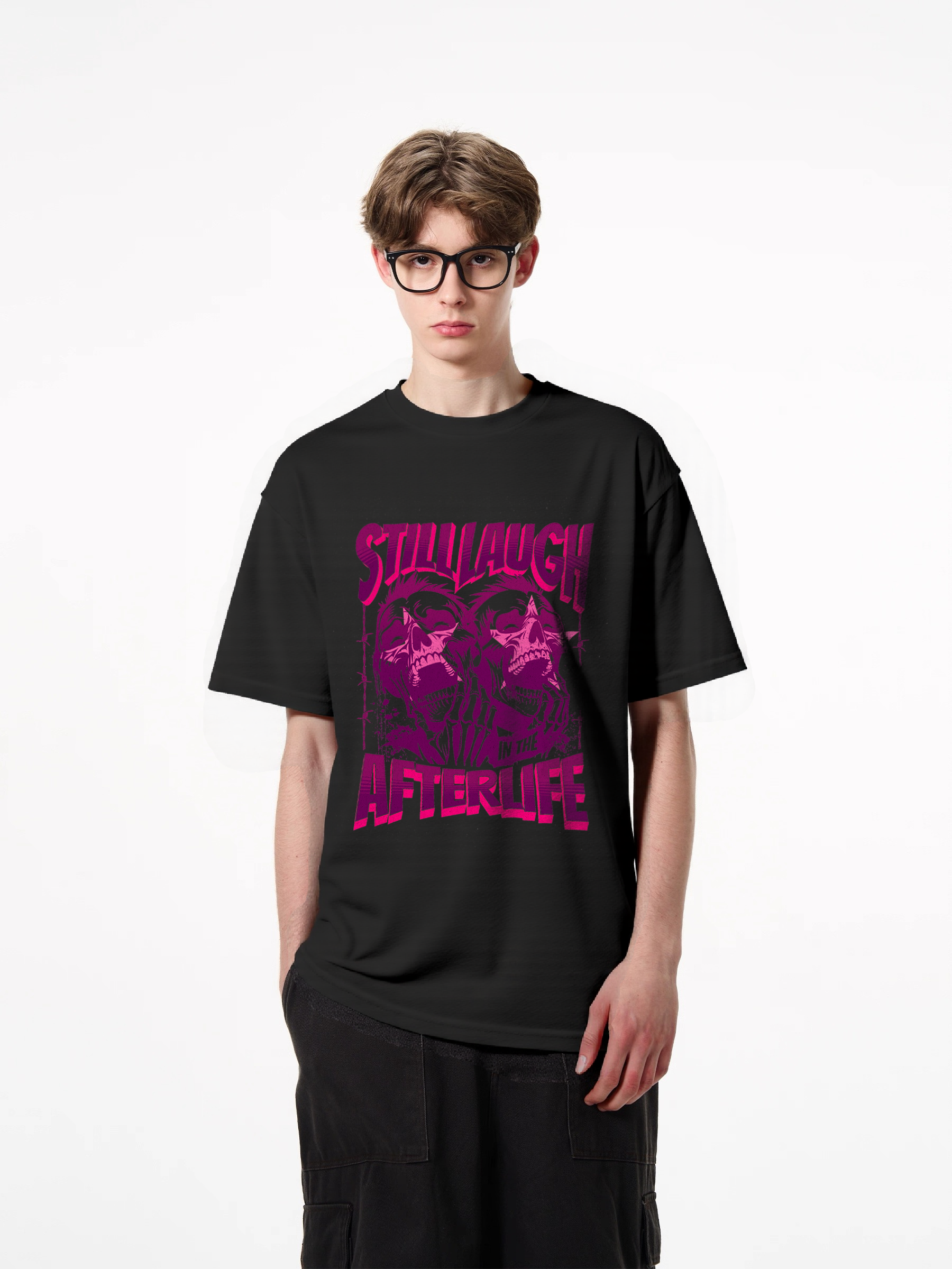 1pcs Trendy T-Shirt with Still Laugh Afterlife print, various colors available. 180g pure cotton shirt featuring skulls design for men women. Comfortable, durable, and stylish graphic tee. Casual Graphic Tees for Weekend Wear