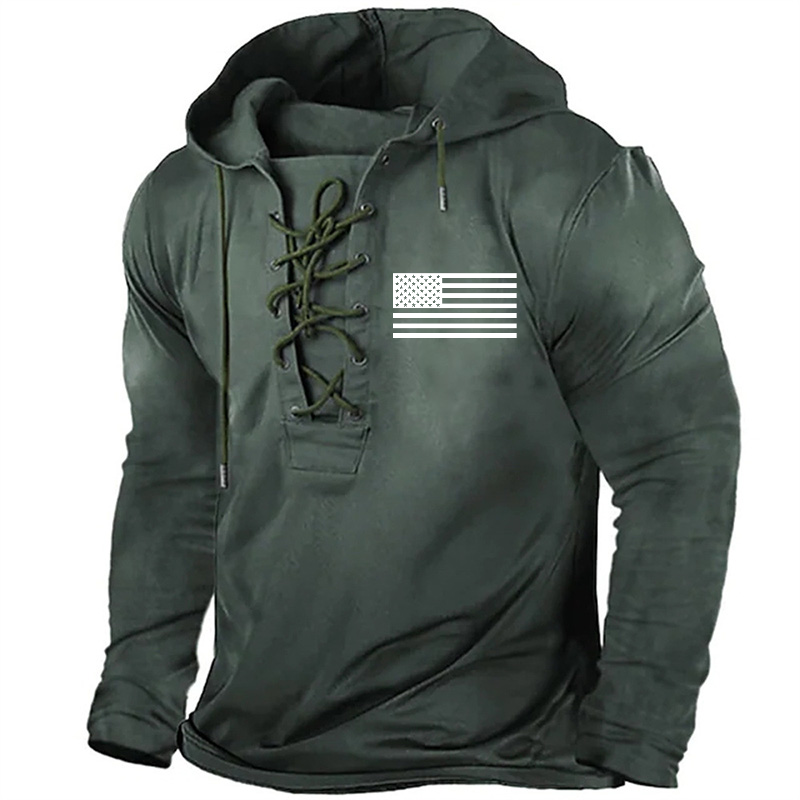 Classic Black And White American Flag Print Retro Hoodie
