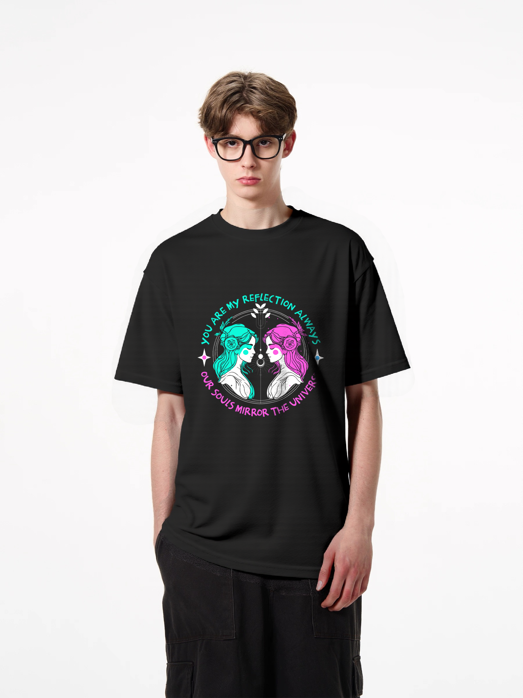 1pcs Trendy T Shirt with Mirror Universe Print, Various Colors Available, 180g Pure Cotton, Unique Star Design, Reflective Art Graphic, Comfortable, Casual, Stylish, Perfect for Everyday Wear, Eye-Catching Modern Fit Timeless Designs