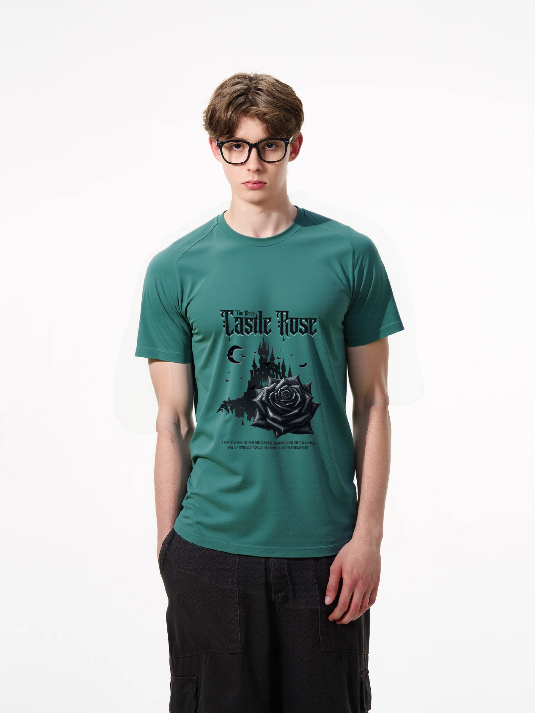 1pcs Trendy Black Rose Castle Print T Shirt, 180g Pure Cotton Various Colors, Gothic Nightmare Graphic Tee, Night Sky Moon and Stars Design Urban Casual Wear for the Trendy Man Heavenly' Casual T-Shirts Perfect for Hot Summer Days