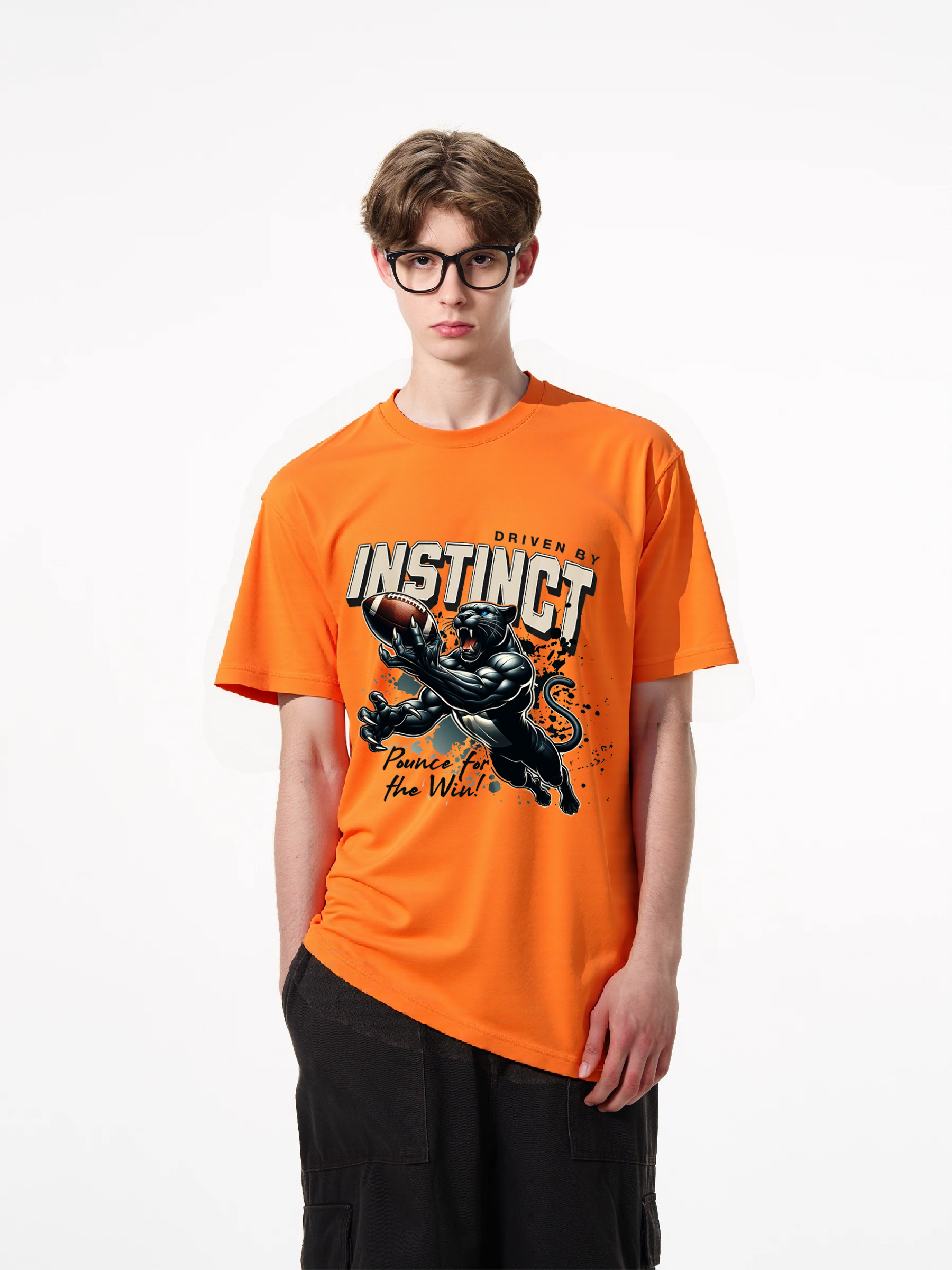 1pcs Trendy T-Shirt with Panther Football Print, Driven by Instinct Design, 180g Pure Cotton, Various Colors Available, Sporty Style Tee for Fans and Players Unique Patterns Modern Casual Looks for Men