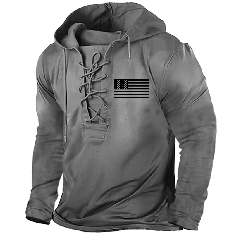 Classic Black And White American Flag Print Retro Hoodie