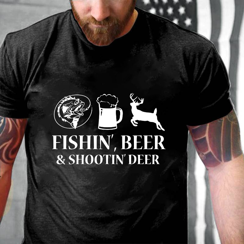 Fishin', Beer & Shootin' Deer Funny Print T-shirt