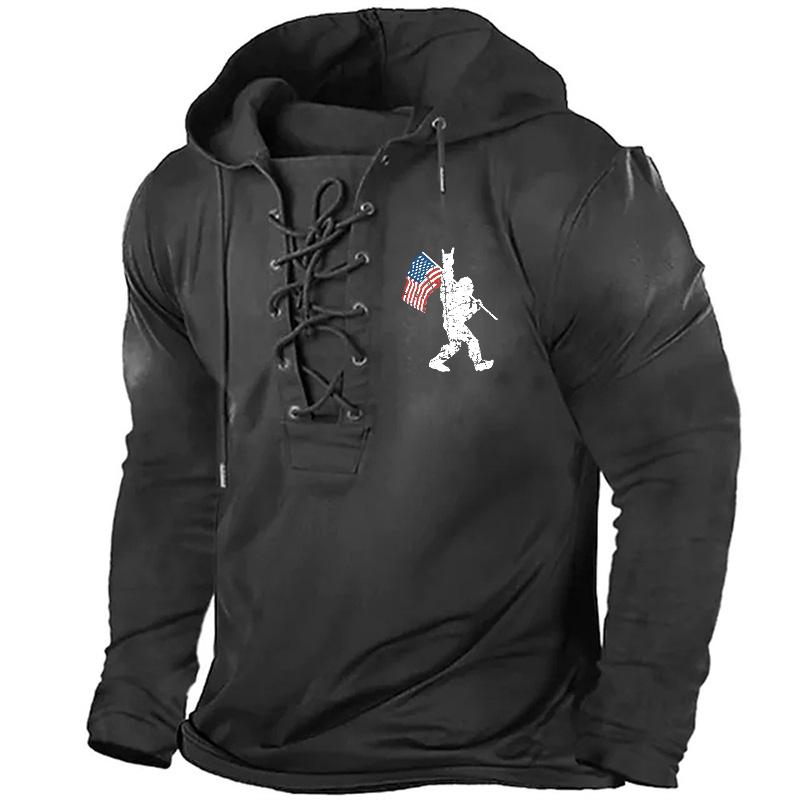 Men Bigfoot USA Flag Graphic Retro Hoodie