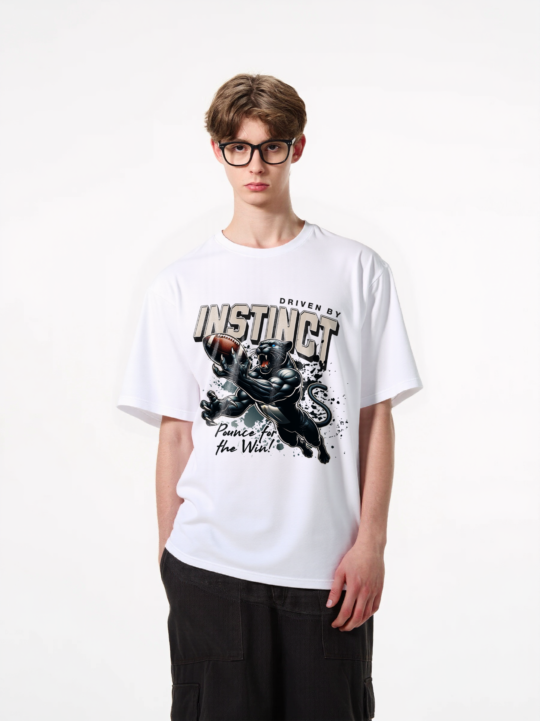 1pcs Trendy T-Shirt with Panther Football Print, Driven by Instinct Design, 180g Pure Cotton, Various Colors Available, Sporty Style Tee for Fans and Players Unique Patterns Modern Casual Looks for Men