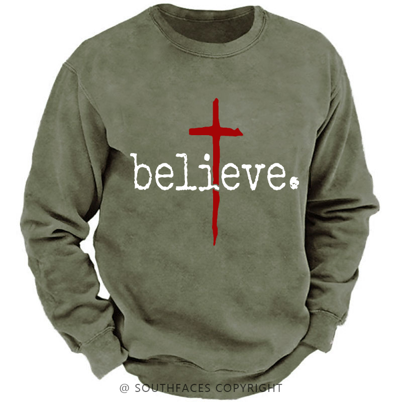 Believe Cross Print Christian Sweatshirt