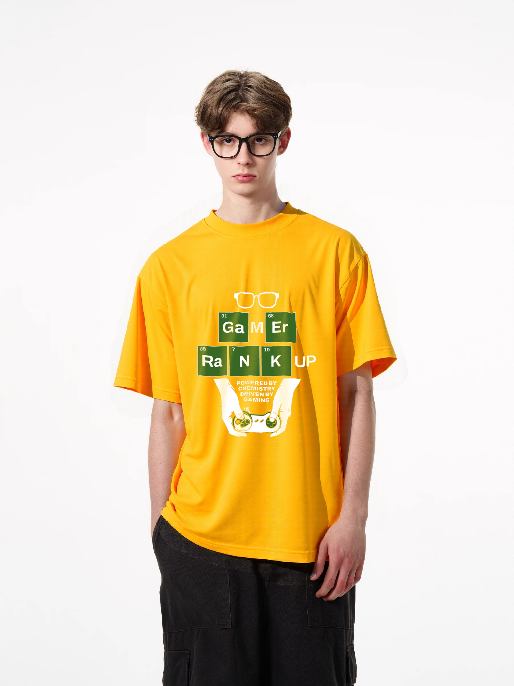 1pcs Gamer Elements T Shirt with Glasses Print Trendy Design in Various Colors 180g Pure Cotton Tee Featuring Rank Up and Controller Graphic Perfect for Gaming Enthusiasts Fun and Functional Timeless Designs