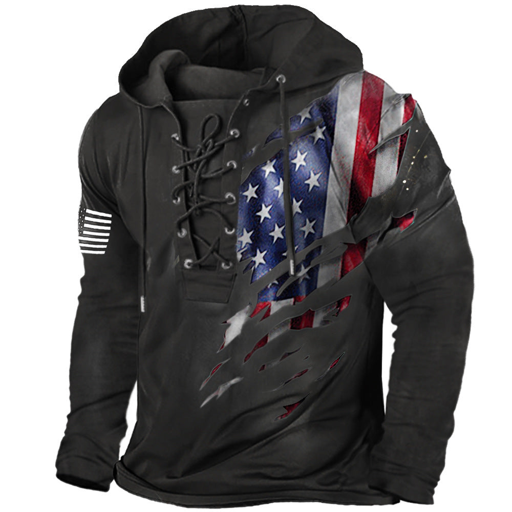 Veterans Day Gift - American Flag Print Lace-up Hoodie