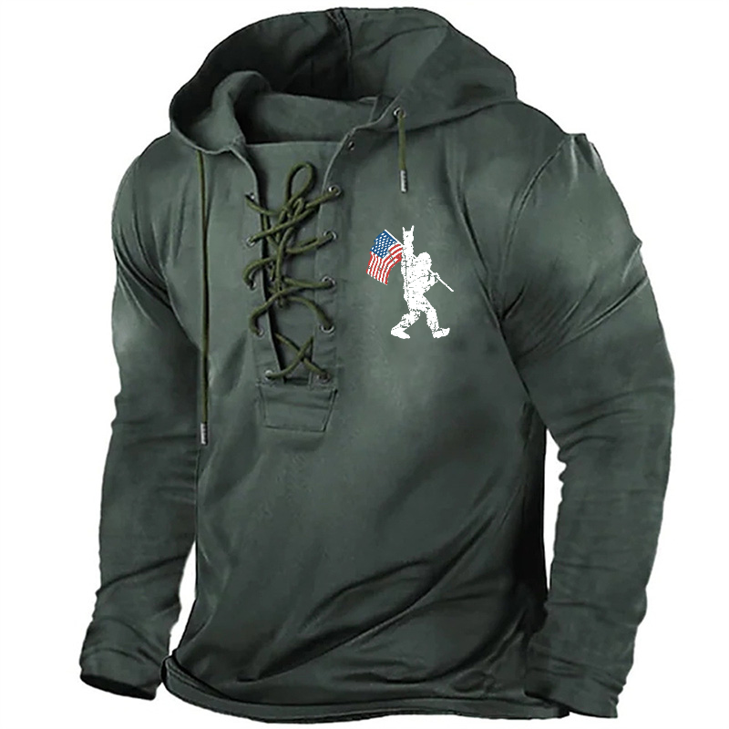 Men Bigfoot USA Flag Graphic Retro Hoodie