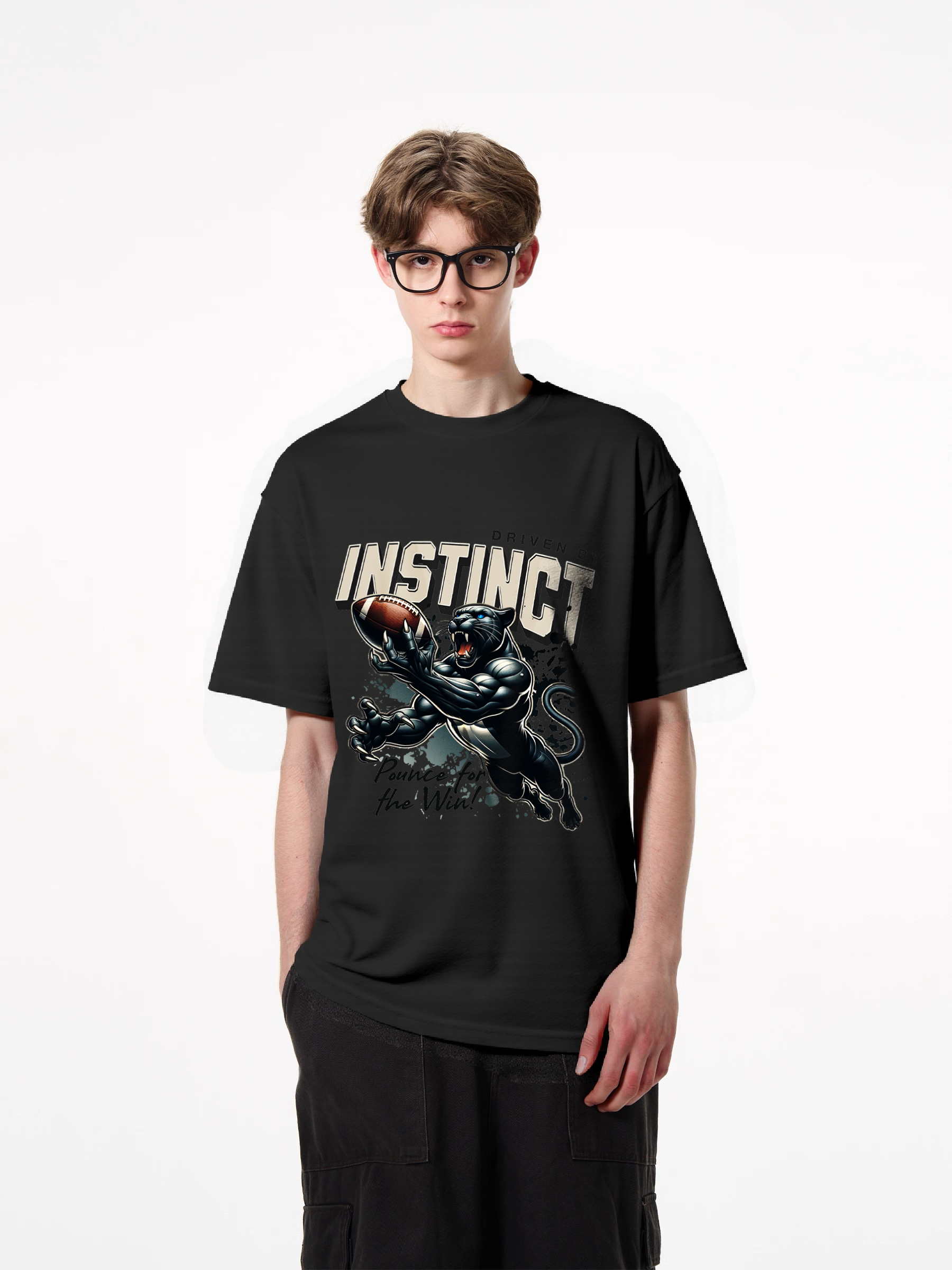 1pcs Trendy T-Shirt with Panther Football Print, Driven by Instinct Design, 180g Pure Cotton, Various Colors Available, Sporty Style Tee for Fans and Players Unique Patterns Modern Casual Looks for Men