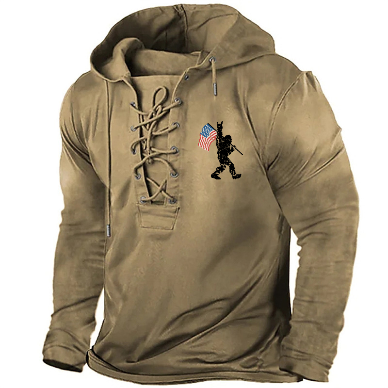 Men Bigfoot USA Flag Graphic Retro Hoodie