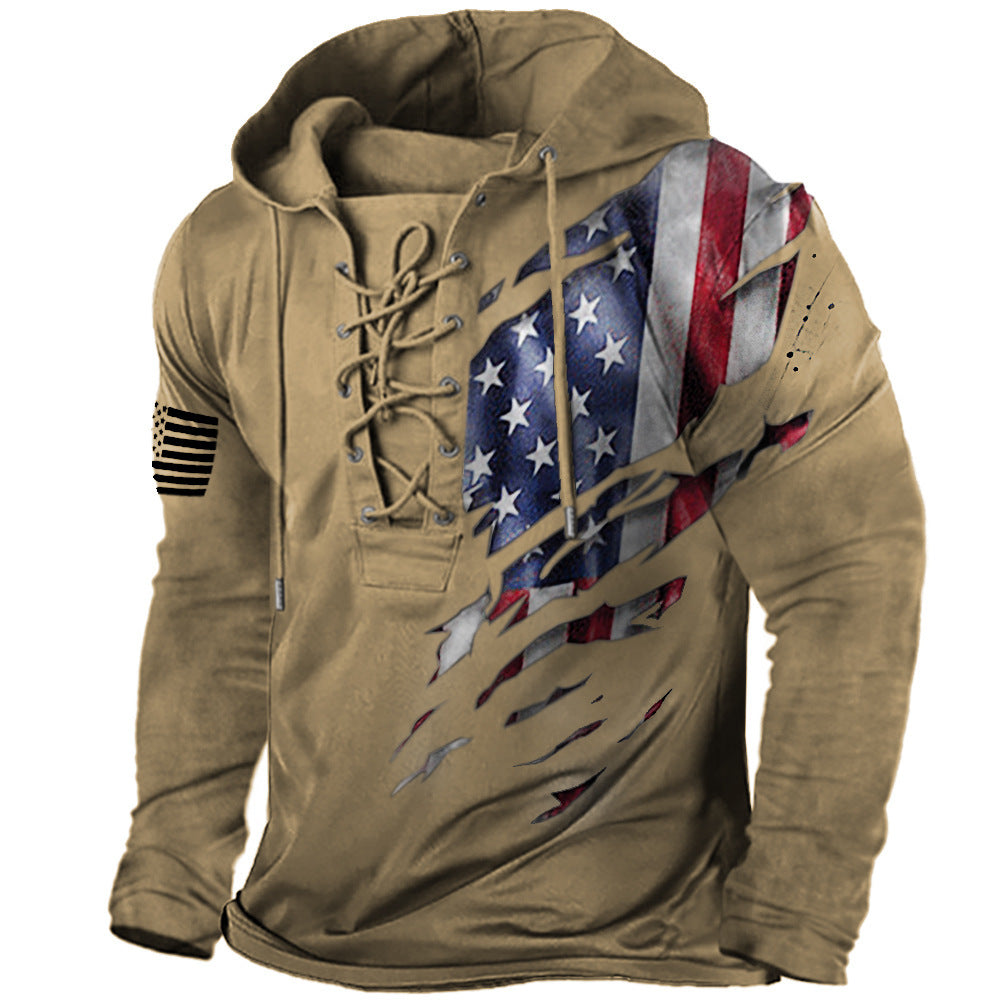 Veterans Day Gift - American Flag Print Lace-up Hoodie