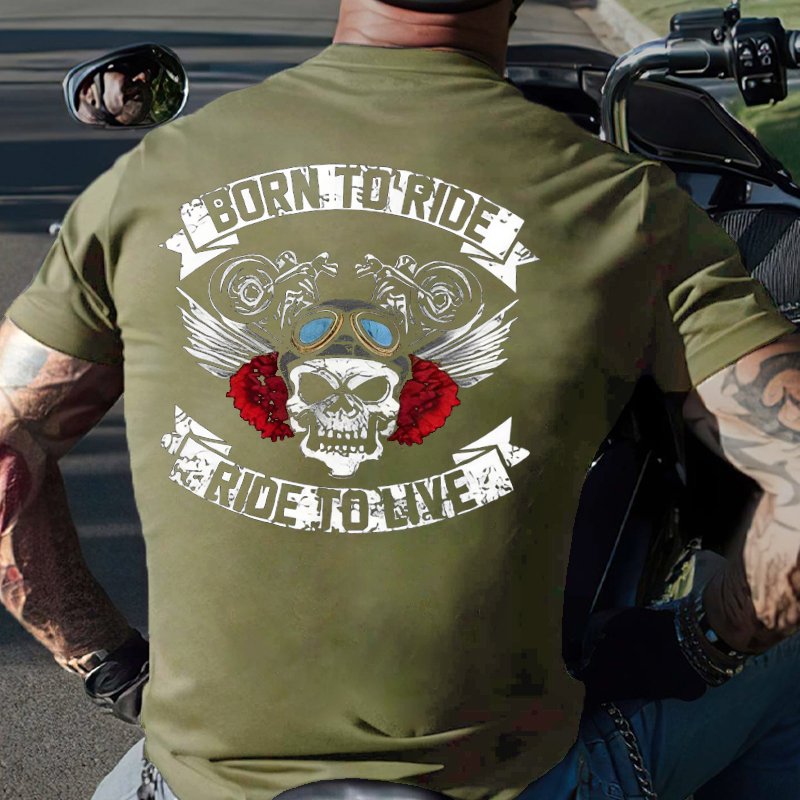 Born To Ride Ride To Live Funny Skull Print T-shirt