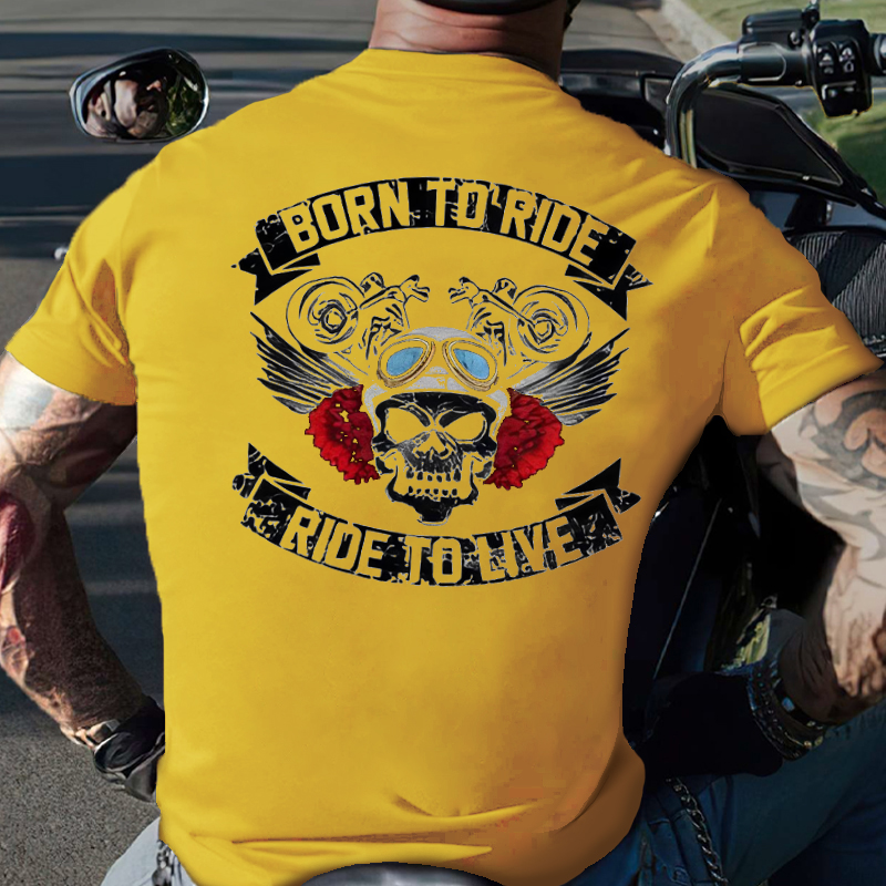 Born To Ride Ride To Live Funny Skull Print T-shirt