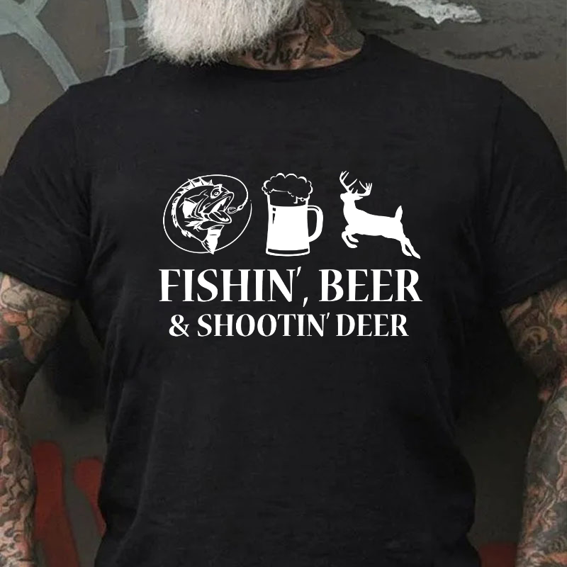 Fishin', Beer & Shootin' Deer Funny Print T-shirt