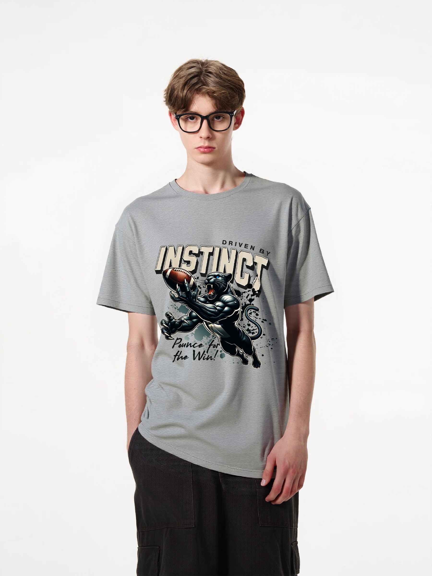 1pcs Trendy T-Shirt with Panther Football Print, Driven by Instinct Design, 180g Pure Cotton, Various Colors Available, Sporty Style Tee for Fans and Players Unique Patterns Modern Casual Looks for Men