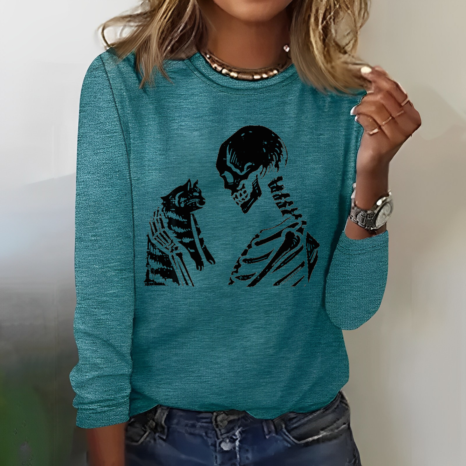 Skeleton Cat Cute Kitten Funny Halloween  Women  Sweatshirt