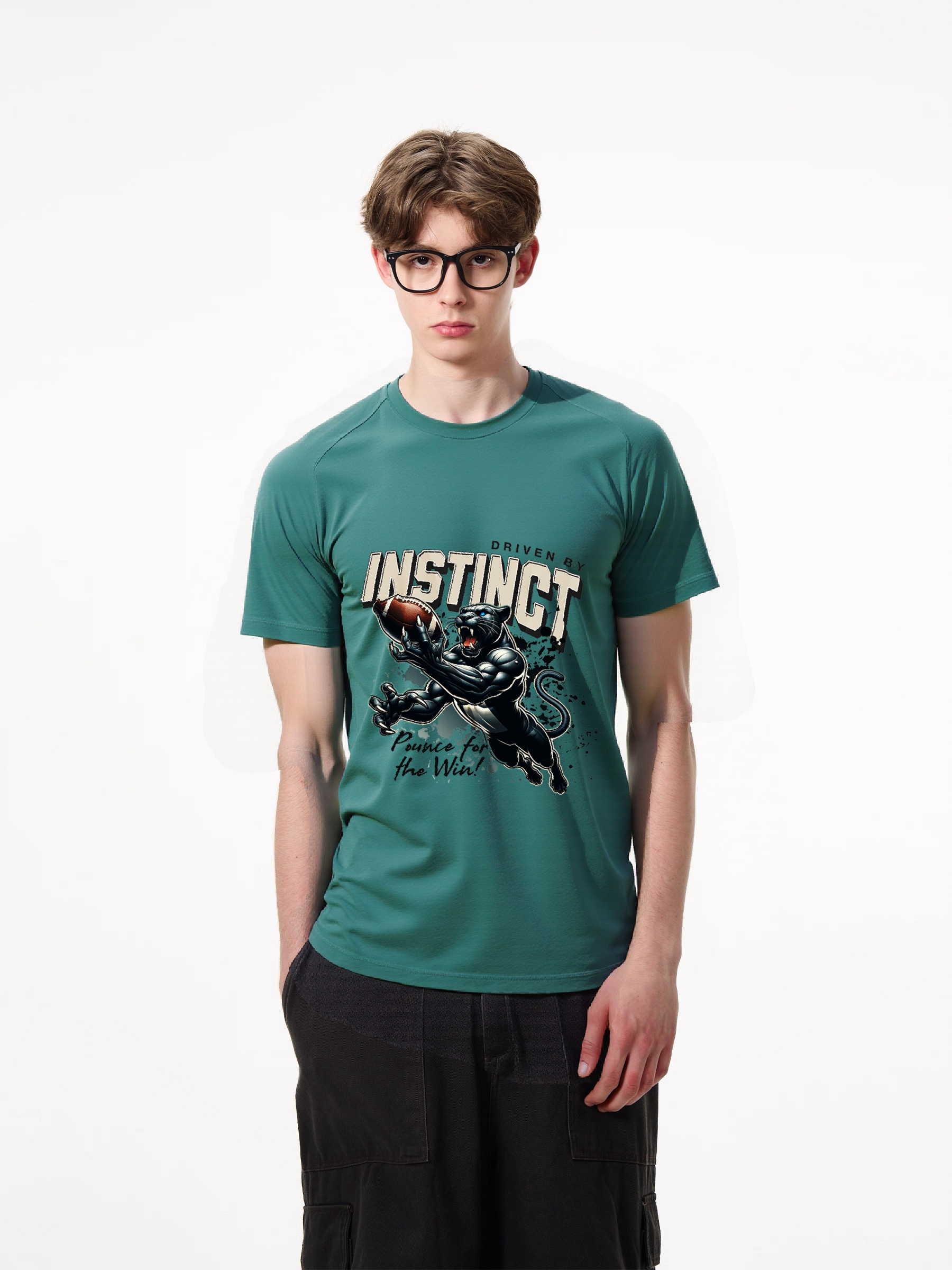 1pcs Trendy T-Shirt with Panther Football Print, Driven by Instinct Design, 180g Pure Cotton, Various Colors Available, Sporty Style Tee for Fans and Players Unique Patterns Modern Casual Looks for Men
