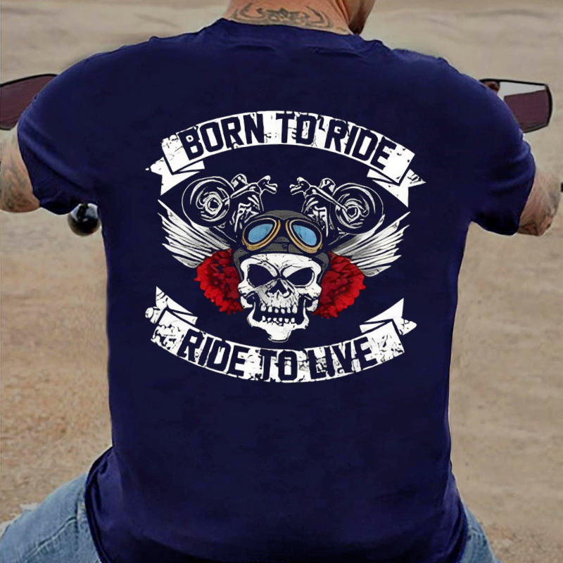 Born To Ride Ride To Live Funny Skull Print T-shirt